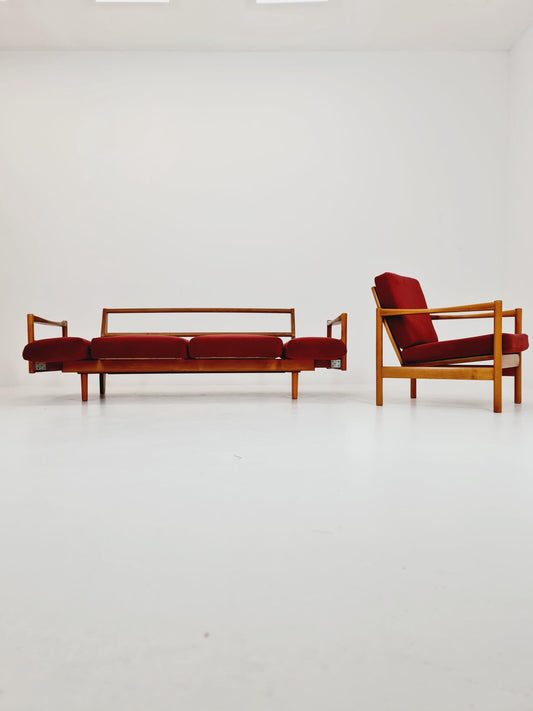 Rare Midcentury Stella Sofa Ash wood Daybed By Walter knoll , set with armchair Germany, 1950s