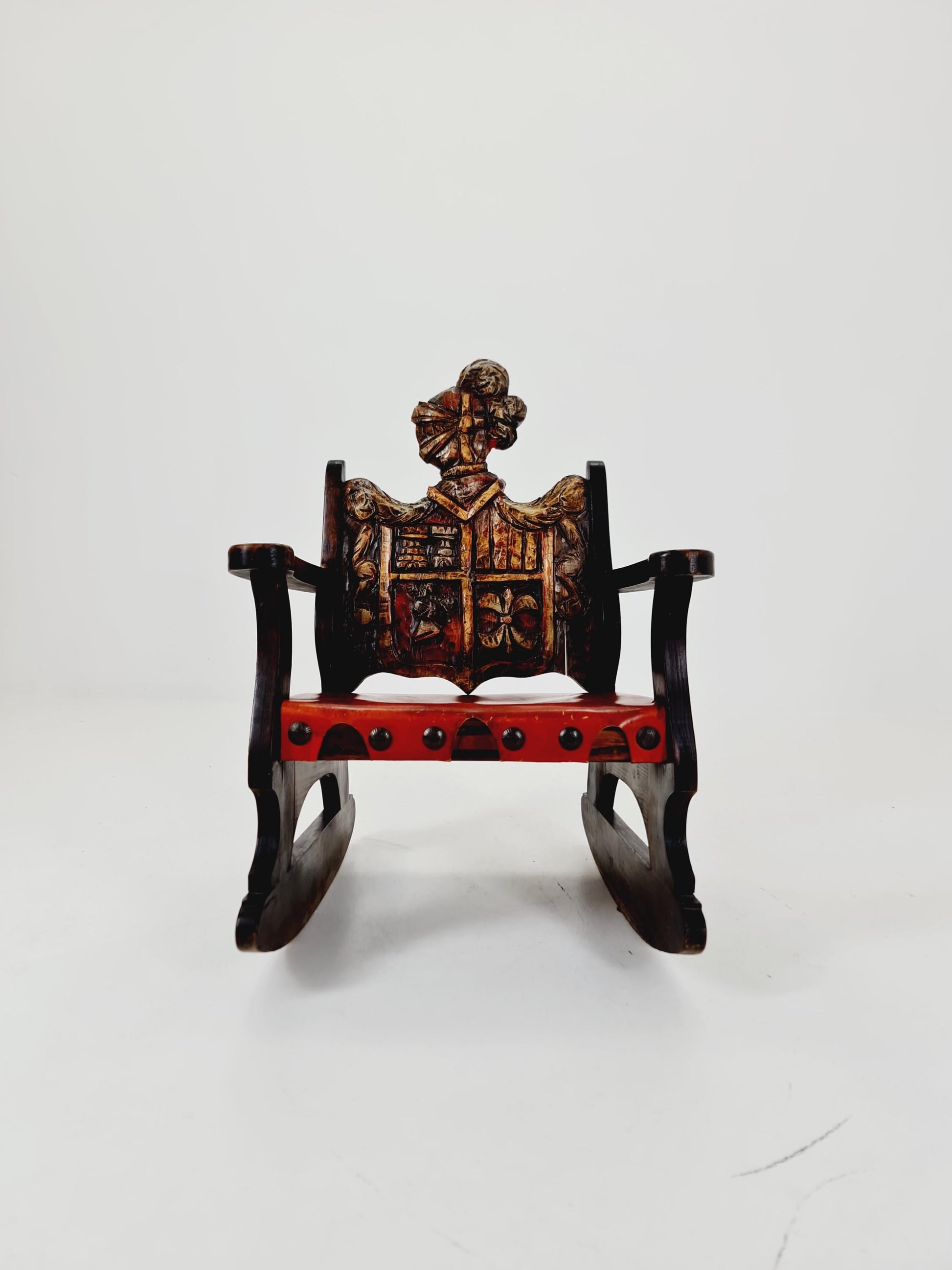 Antique Spanish solid Wood Rocking armchair hand -Carved , 1900s
