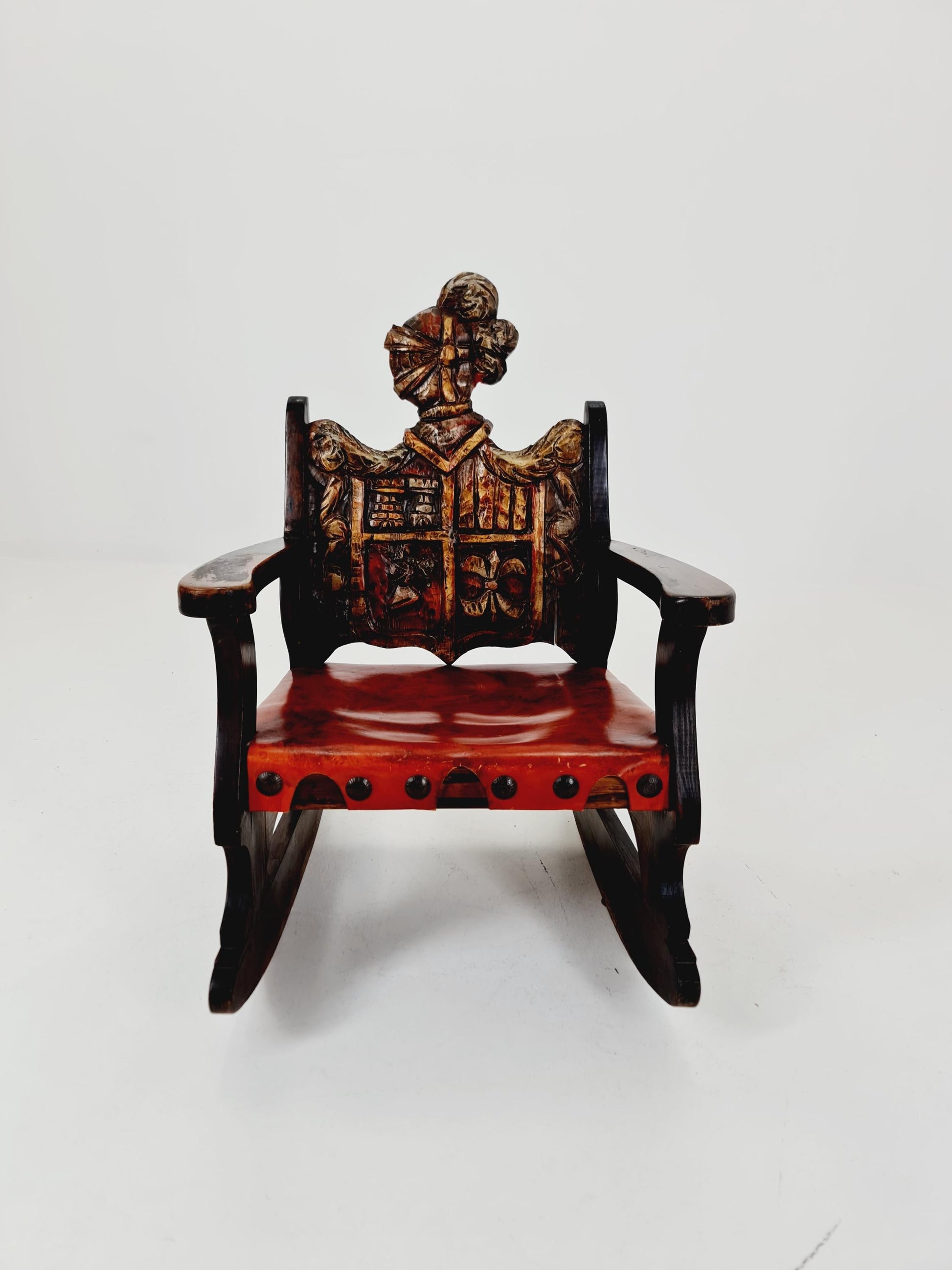 Antique Spanish solid Wood Rocking armchair hand -Carved , 1900s