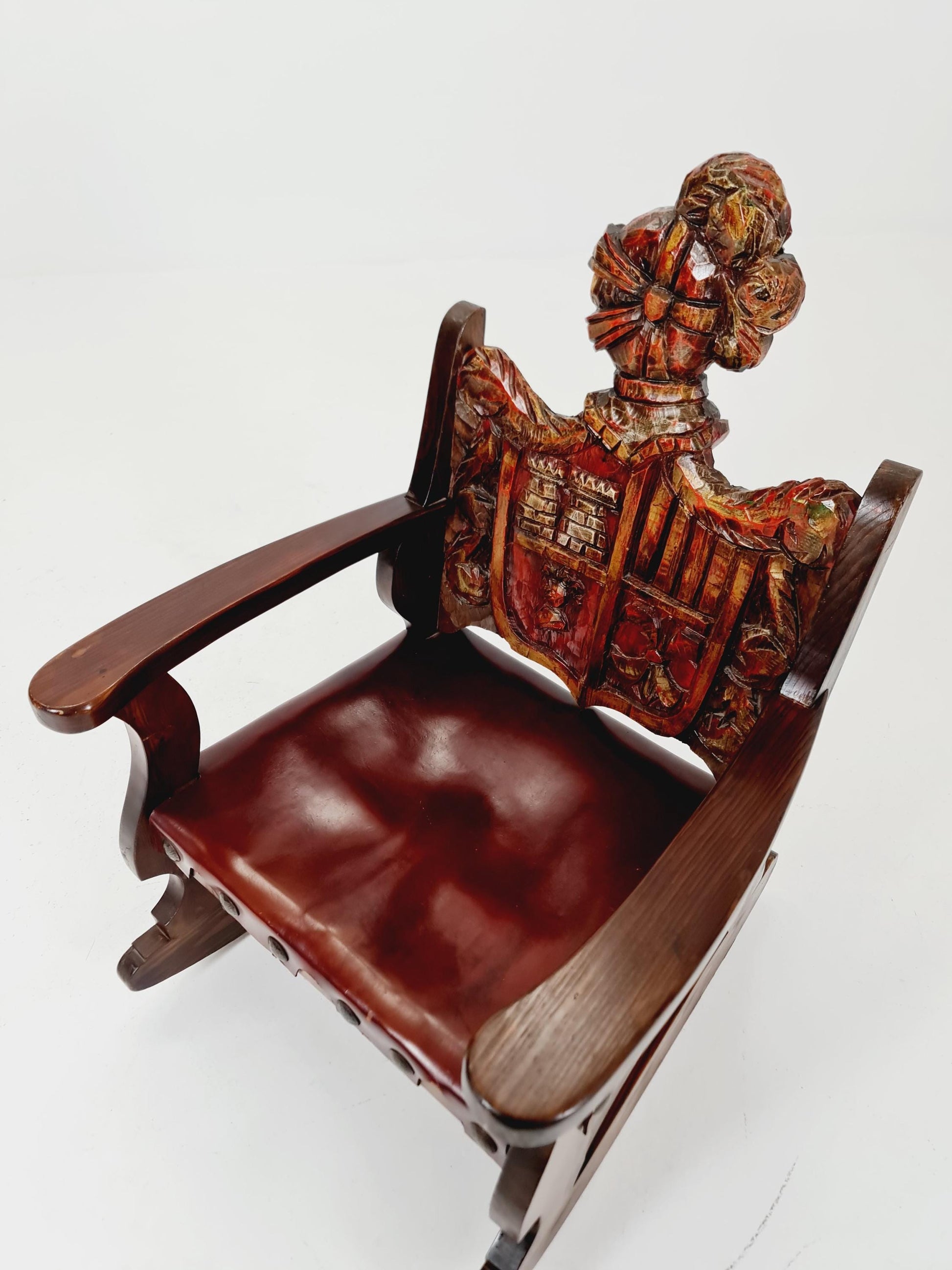 Antique Spanish solid Wood Rocking armchair hand -Carved , 1900s