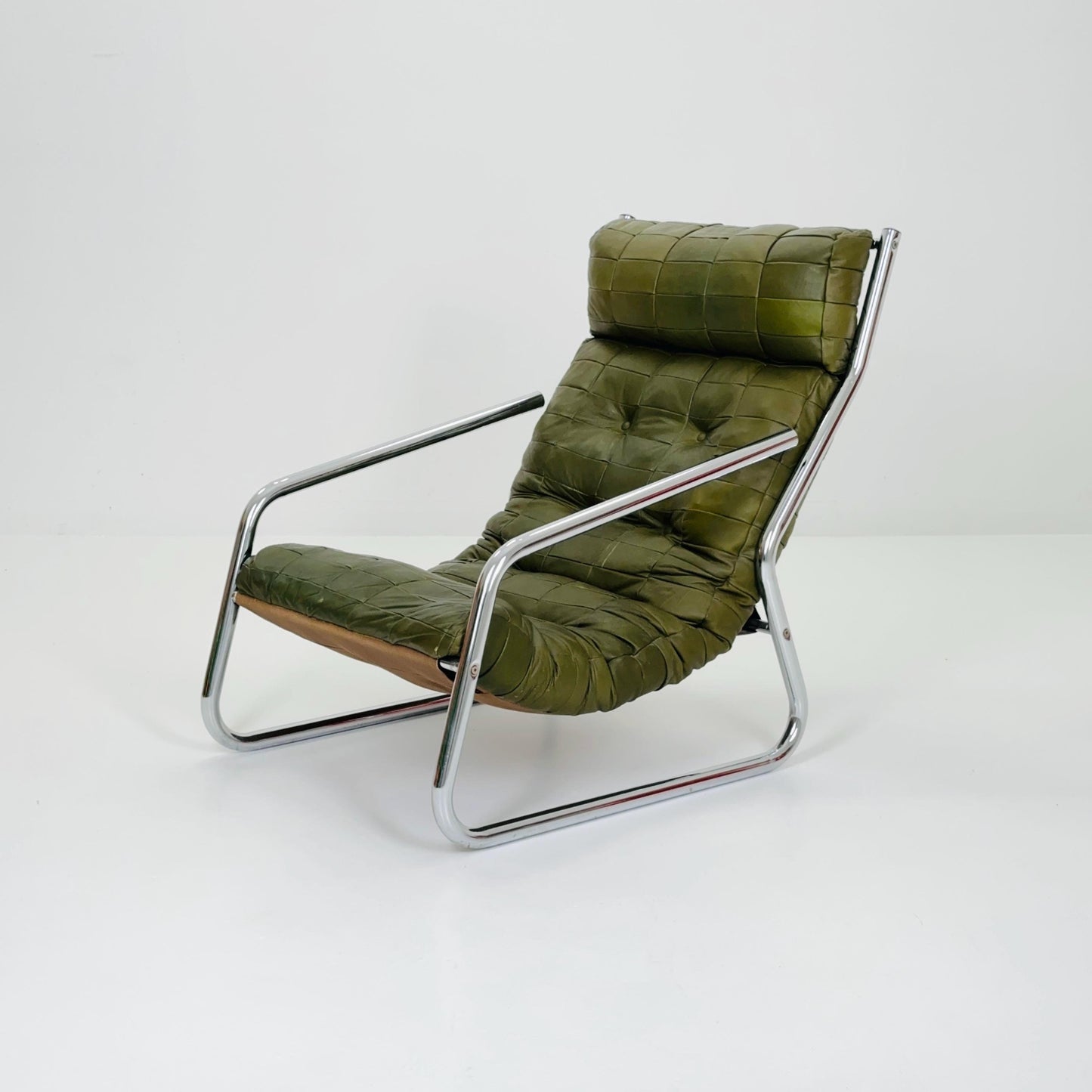 Rare Mid century green leather patchwork lounge chair By Gillis Lundgren Ikea Hoss Sweden 1970s