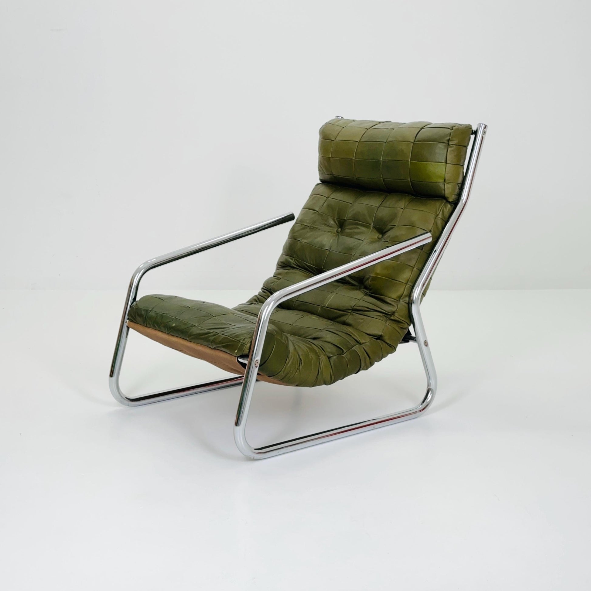 Rare Mid century green leather patchwork lounge chair By Gillis Lundgren Ikea Hoss Sweden 1970s
