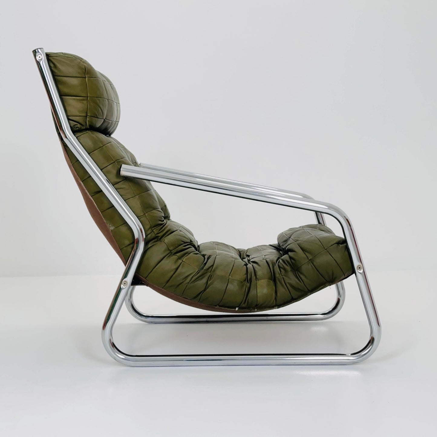 Rare Mid century green leather patchwork lounge chair By Gillis Lundgren Ikea Hoss Sweden 1970s