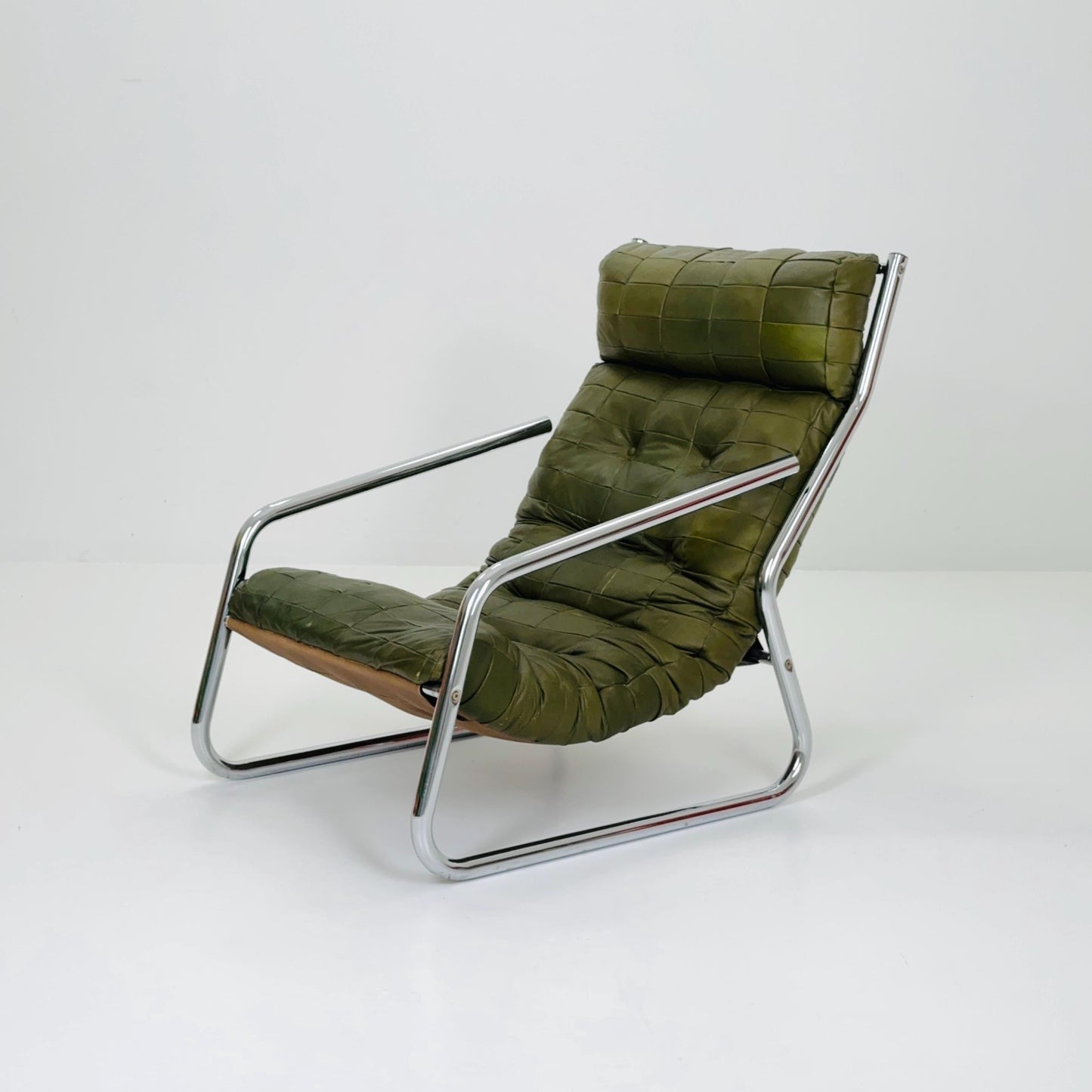 Rare Mid century green leather patchwork lounge chair By Gillis Lundgren Ikea Hoss Sweden 1970s