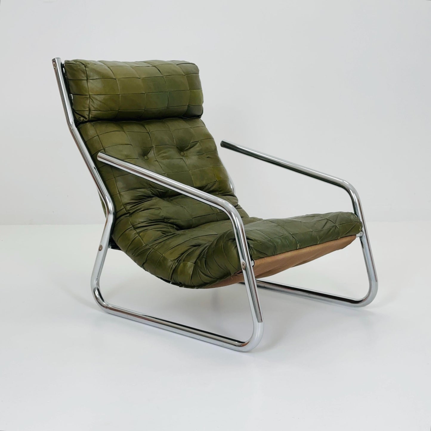 Rare Mid century green leather patchwork lounge chair By Gillis Lundgren Ikea Hoss Sweden 1970s