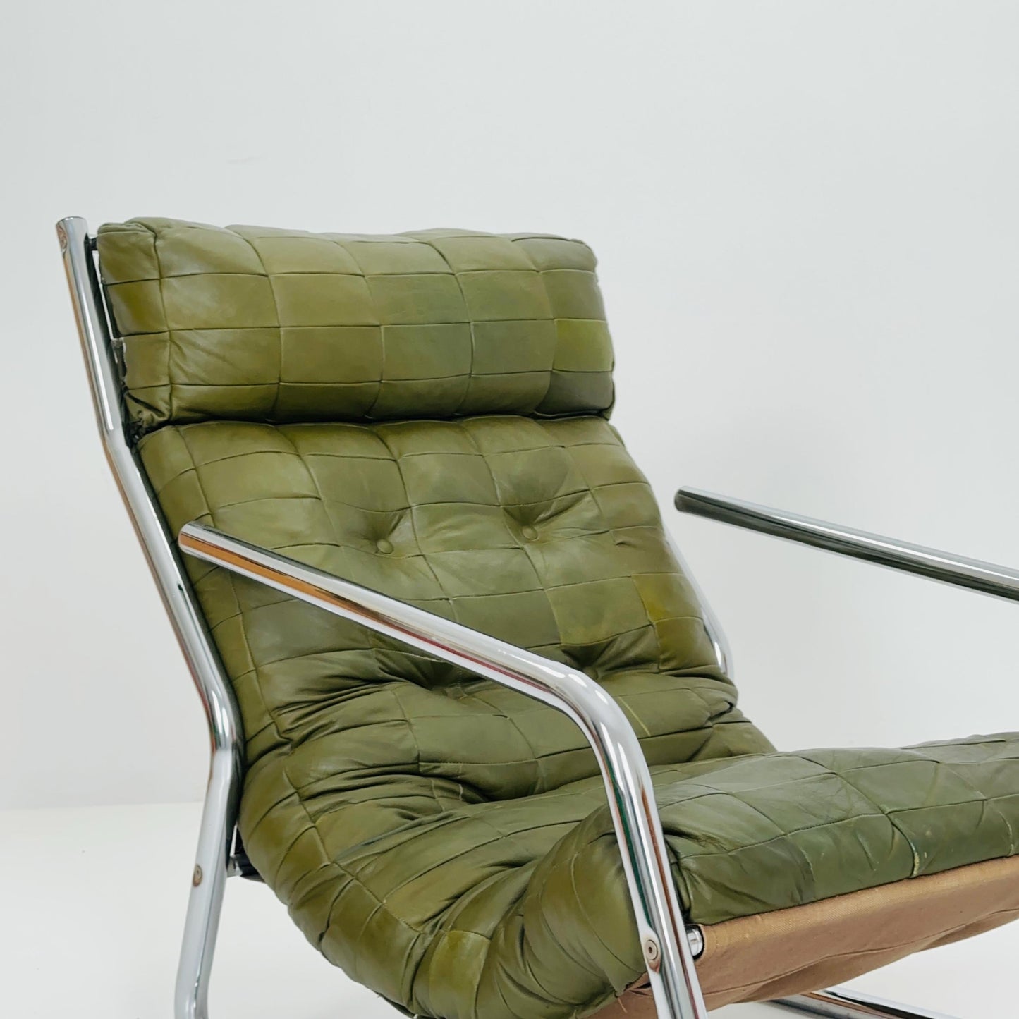 Rare Mid century green leather patchwork lounge chair By Gillis Lundgren Ikea Hoss Sweden 1970s