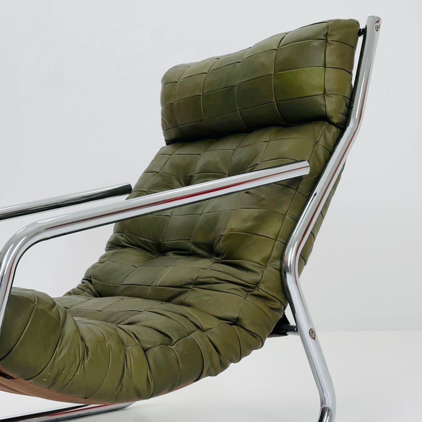 Rare Mid century green leather patchwork lounge chair By Gillis Lundgren Ikea Hoss Sweden 1970s