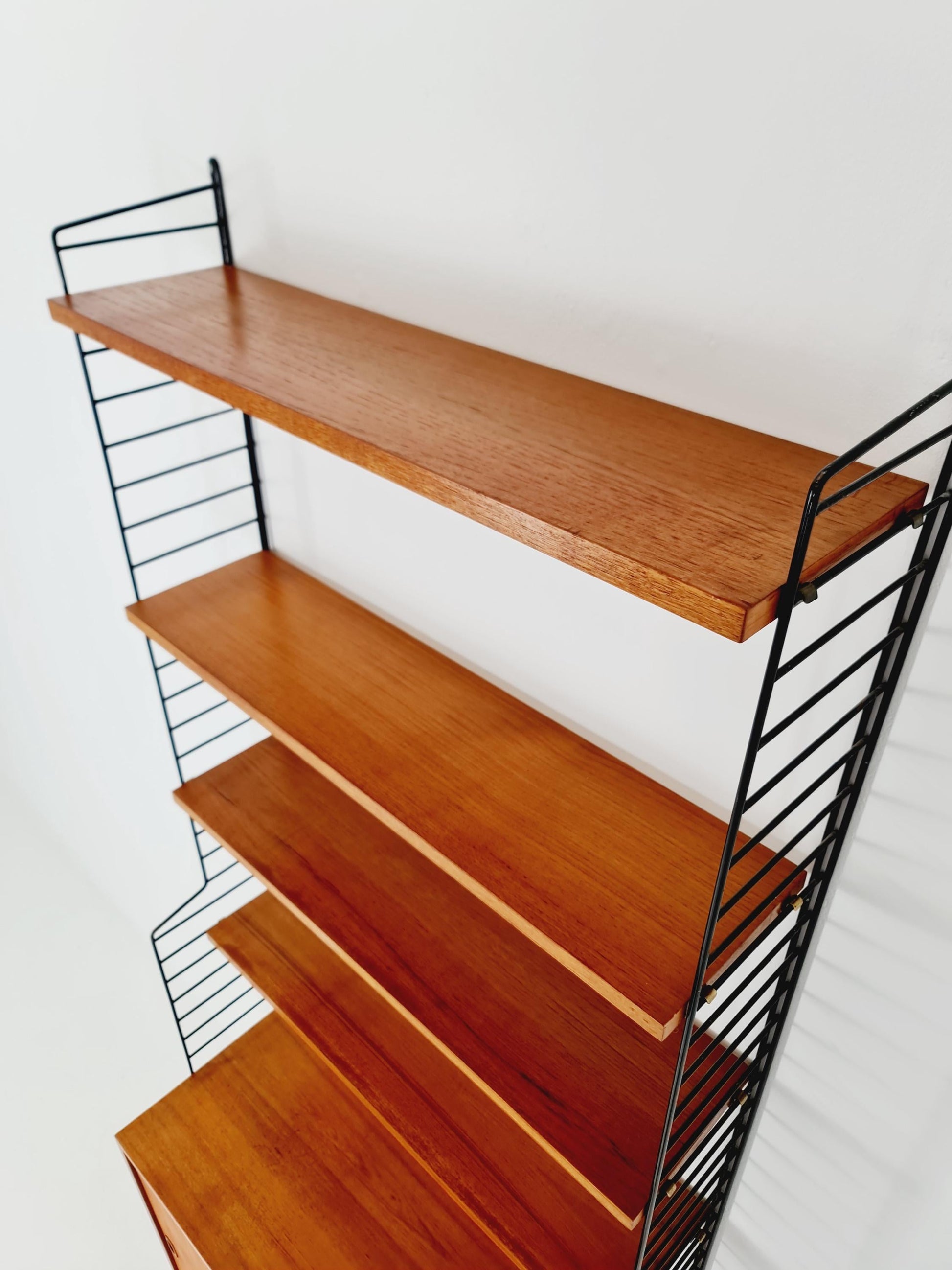 Wall-mounted original Swedish string shelf-system, drawers, bookcase teak wood by Nils & Kajsa Strinning, 1960s