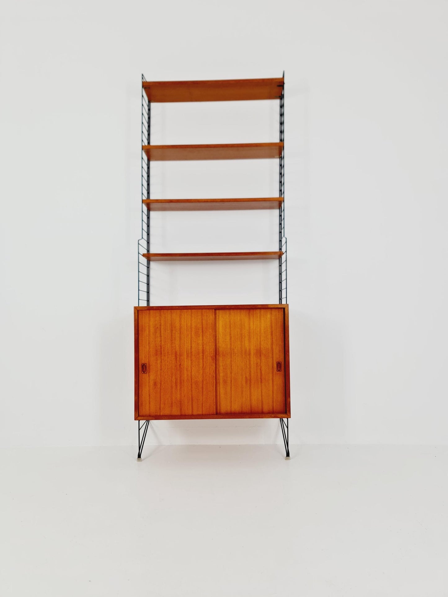 Wall-mounted original Swedish string shelf-system, drawers, bookcase teak wood by Nils & Kajsa Strinning, 1960s