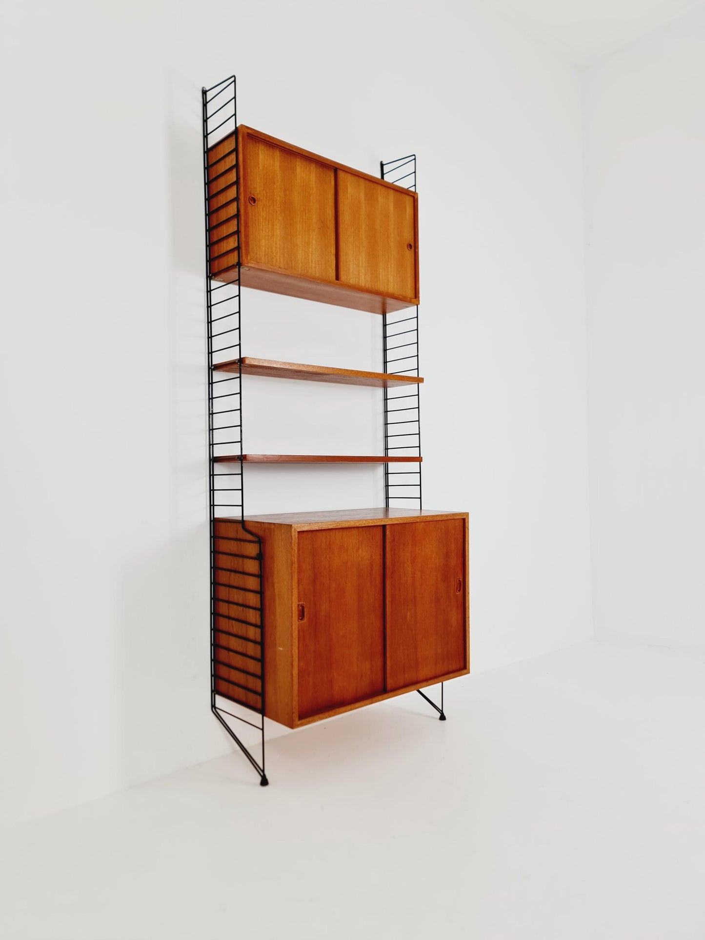 Wall-mounted original Swedish string shelf-system, drawers, bookcase teak wood by Nils & Kajsa Strinning, 1960s