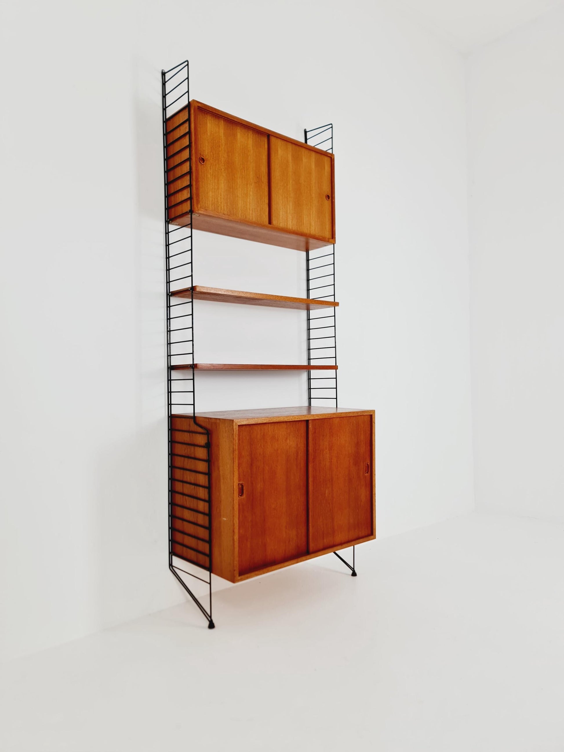 Wall-mounted original Swedish string shelf-system, drawers, bookcase teak wood by Nils & Kajsa Strinning, 1960s