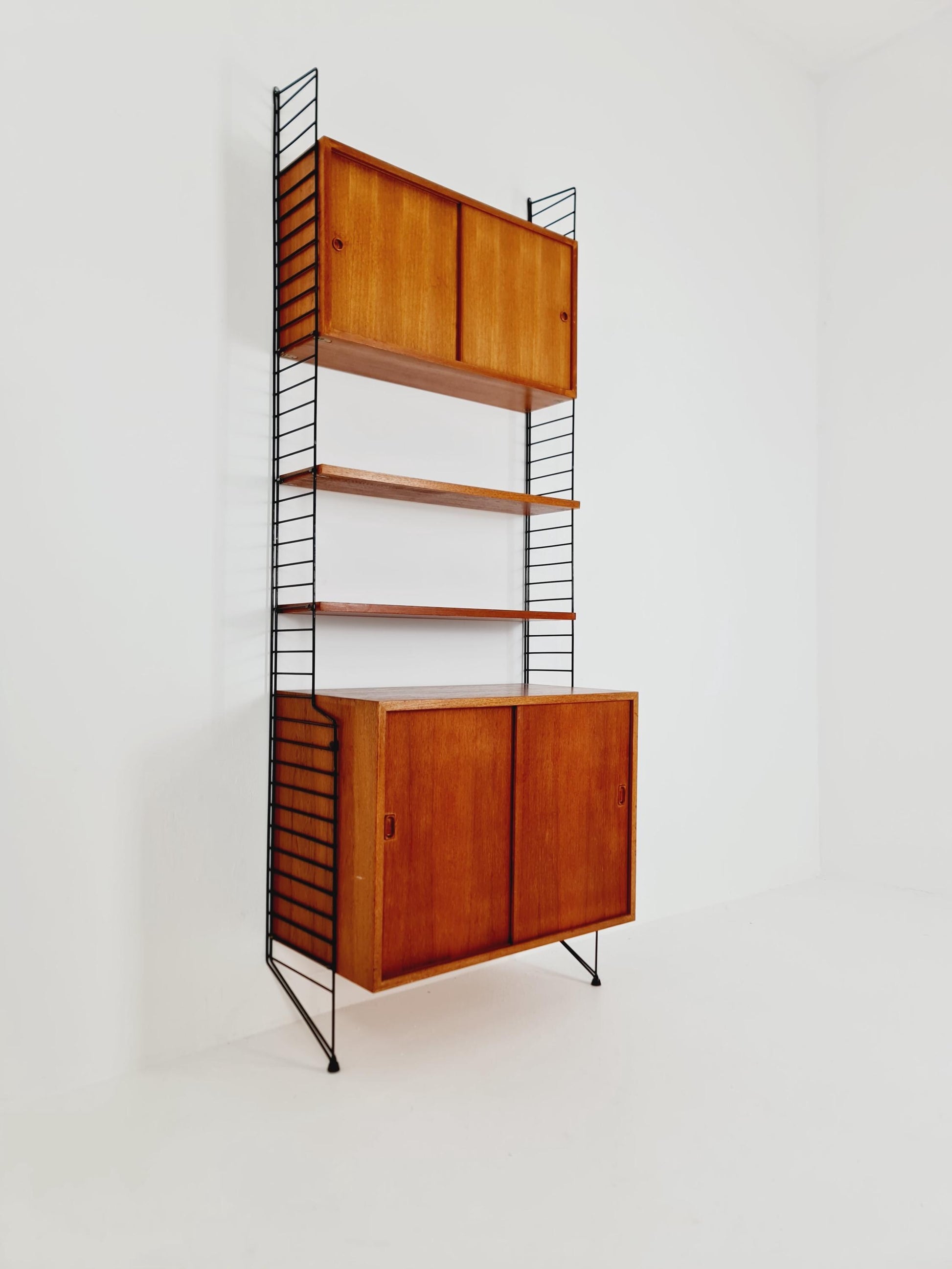 Wall-mounted original Swedish string shelf-system, drawers, bookcase teak wood by Nils & Kajsa Strinning, 1960s