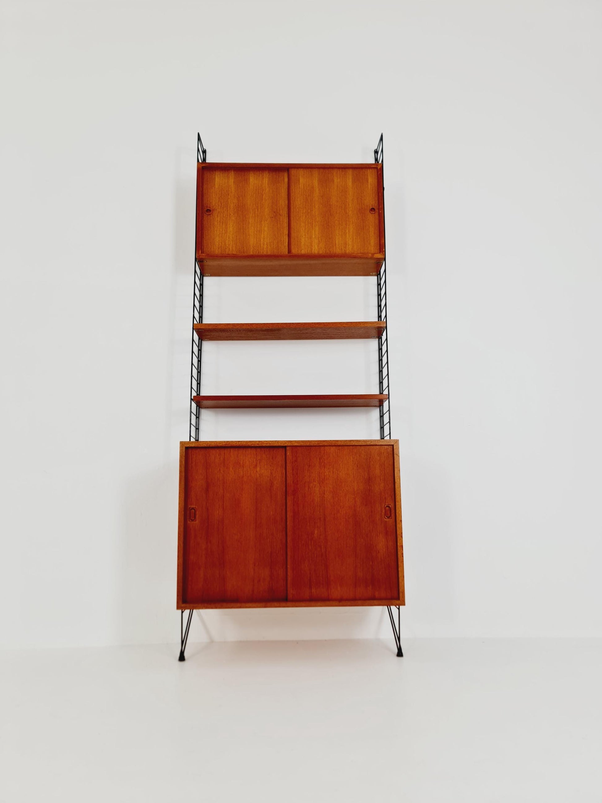 Wall-mounted original Swedish string shelf-system, drawers, bookcase teak wood by Nils & Kajsa Strinning, 1960s