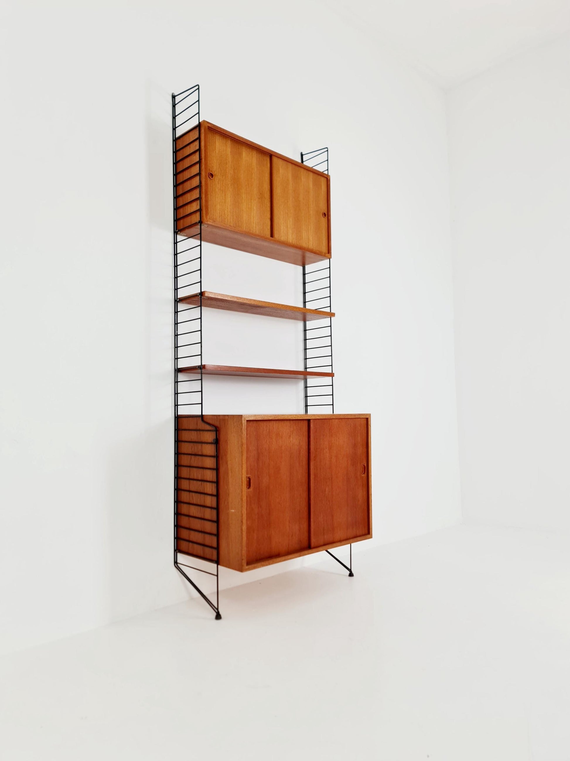 Wall-mounted original Swedish string shelf-system, drawers, bookcase teak wood by Nils & Kajsa Strinning, 1960s
