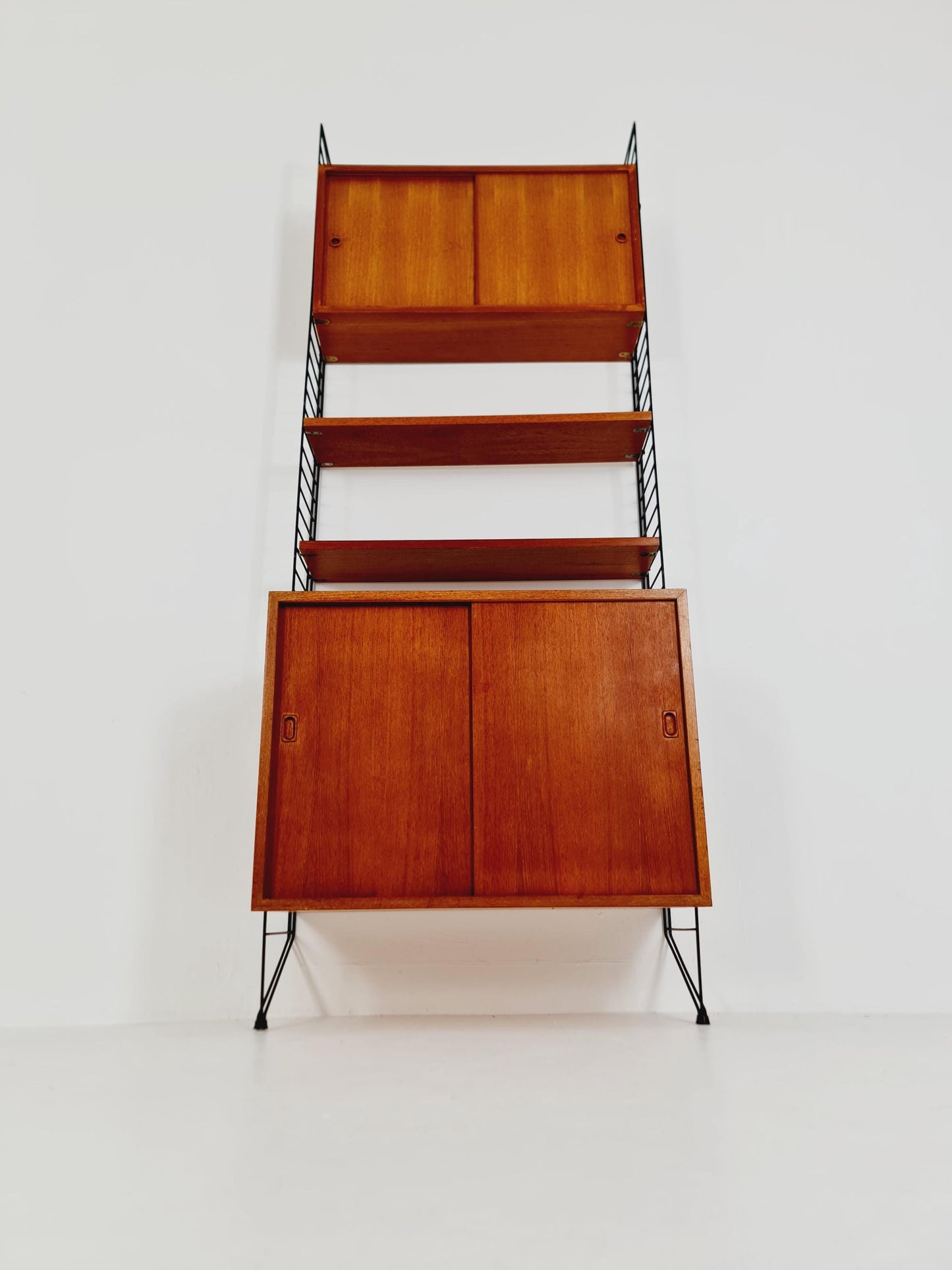 Wall-mounted original Swedish string shelf-system, drawers, bookcase teak wood by Nils & Kajsa Strinning, 1960s
