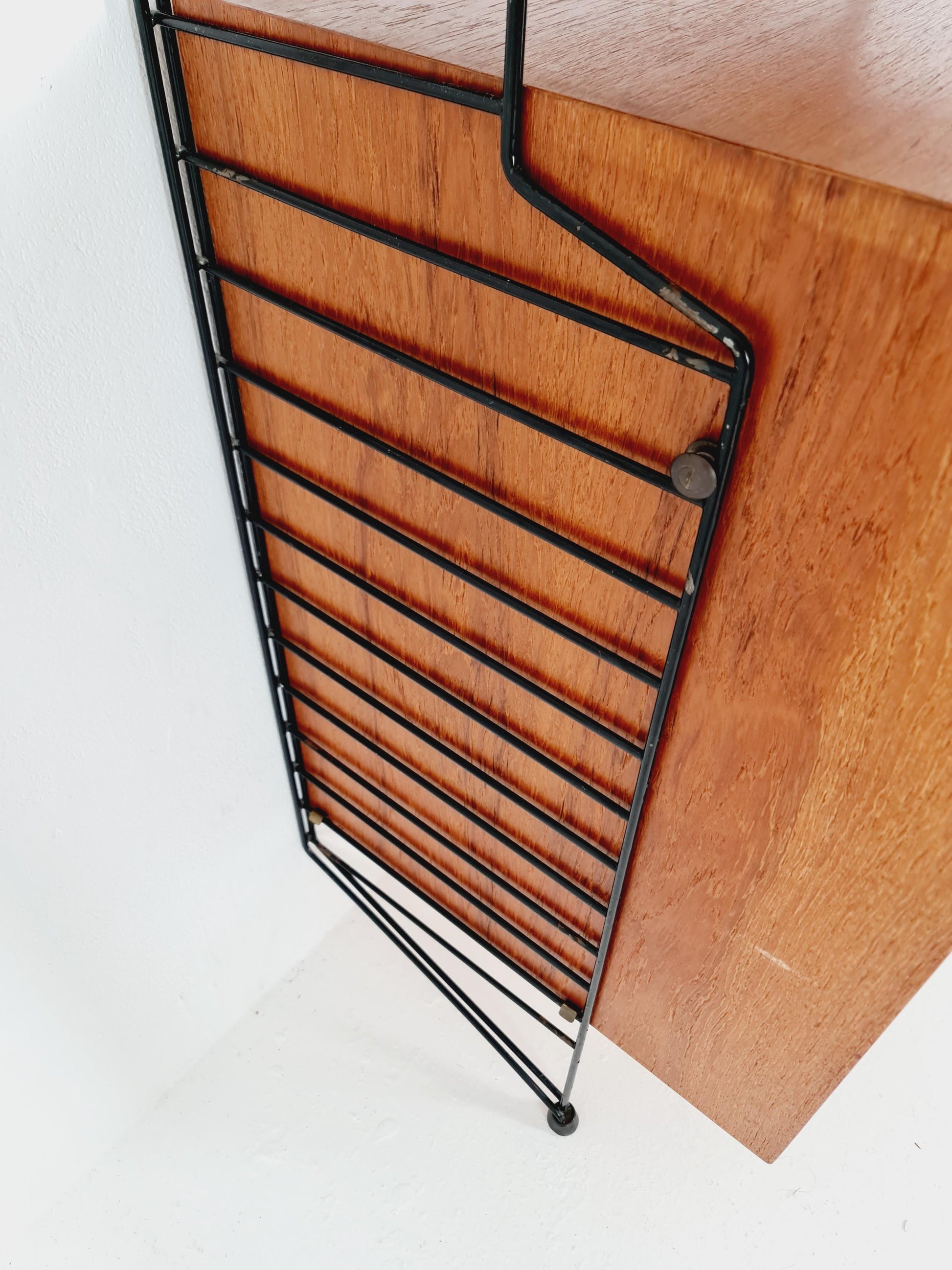 Wall-mounted original Swedish string shelf-system, drawers, bookcase teak wood by Nils & Kajsa Strinning, 1960s