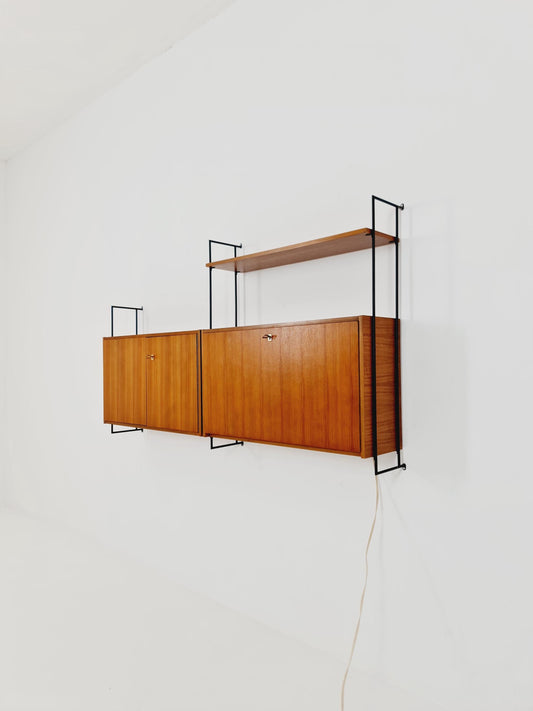 Rare Mid century Teak wall shelving unit with Bar by Hilker for Omnia, Germany, 1960s