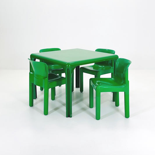Set of 4 Retro Green 4875 Chairs by Carlo Bartoli for Kartell & Matching Stadio Dining Table by Vico Magistretti for Artemide, Italy, 1970s