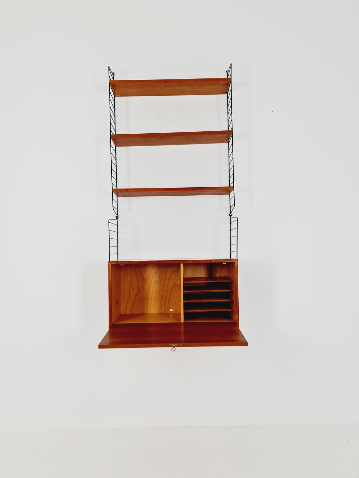 Wall-mounted original Swedish string shelf-system, bookcase teak wood by Nils & Kajsa Strinning, 1960s