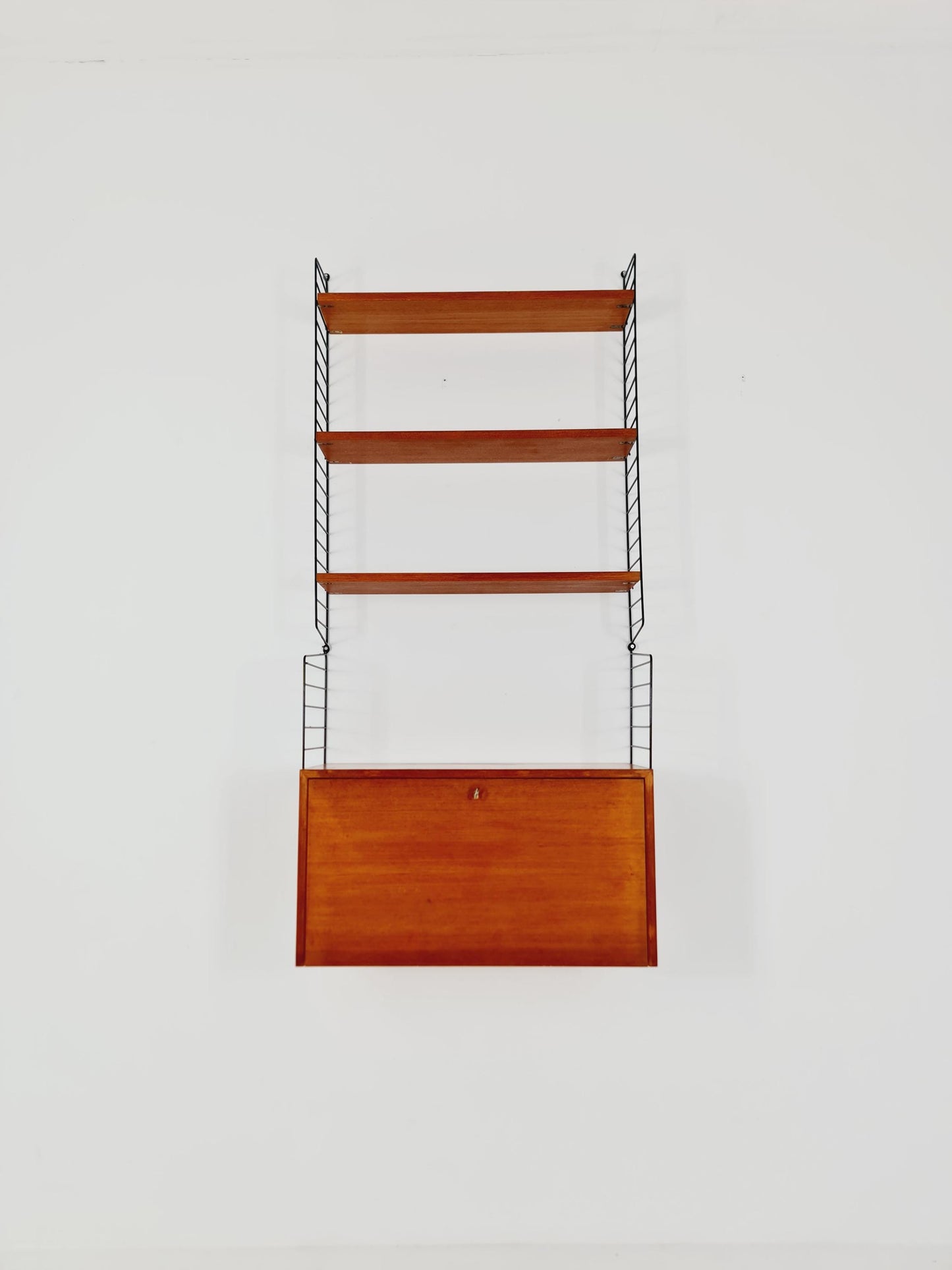 Wall-mounted original Swedish string shelf-system, bookcase teak wood by Nils & Kajsa Strinning, 1960s