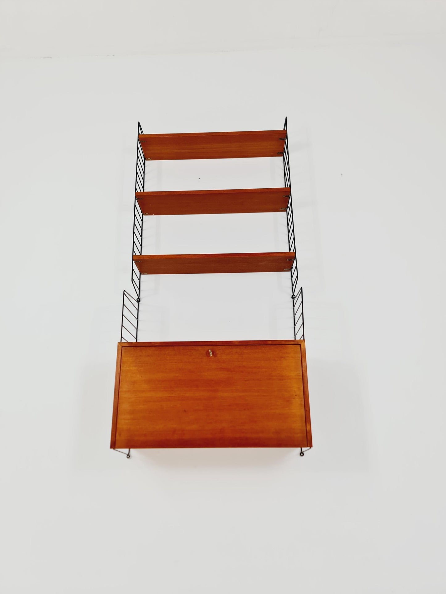Wall-mounted original Swedish string shelf-system, bookcase teak wood by Nils & Kajsa Strinning, 1960s