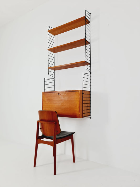 Wall-mounted original Swedish string shelf-system, bookcase teak wood by Nils & Kajsa Strinning, 1960s