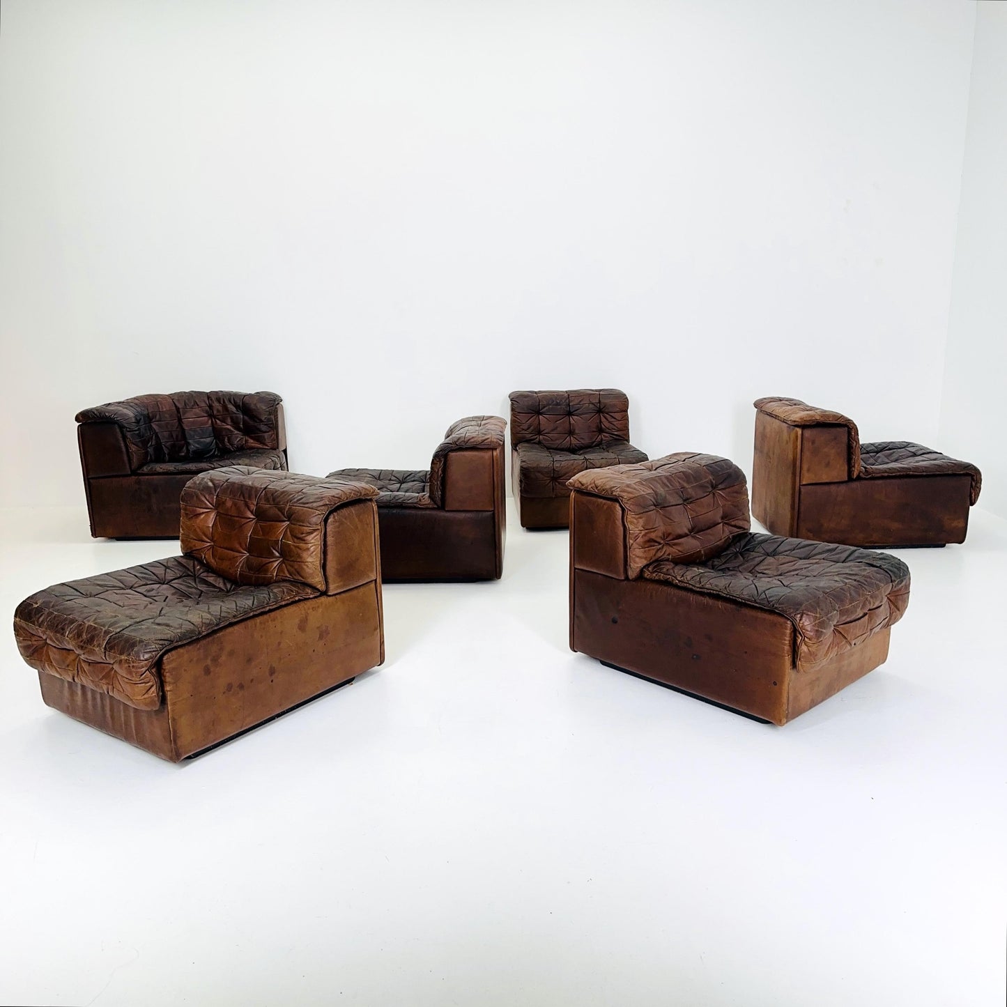 Set of 6 Mid Century DS11 Modular Patchwork Leather Sofa by De Sede, Switzerland, 1970s