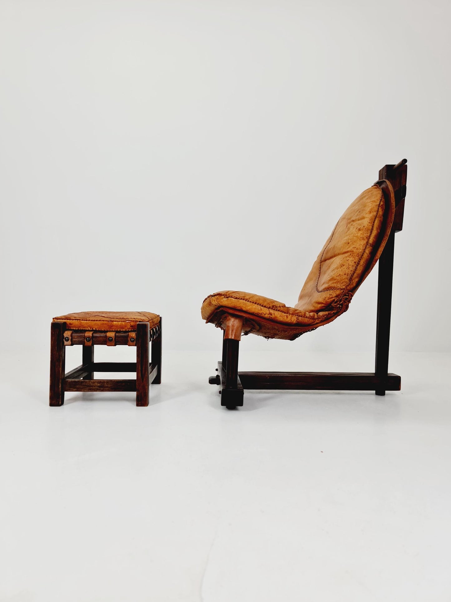 Brutalist Cognac Leather Brazilian Chair and Ottoman 1960s