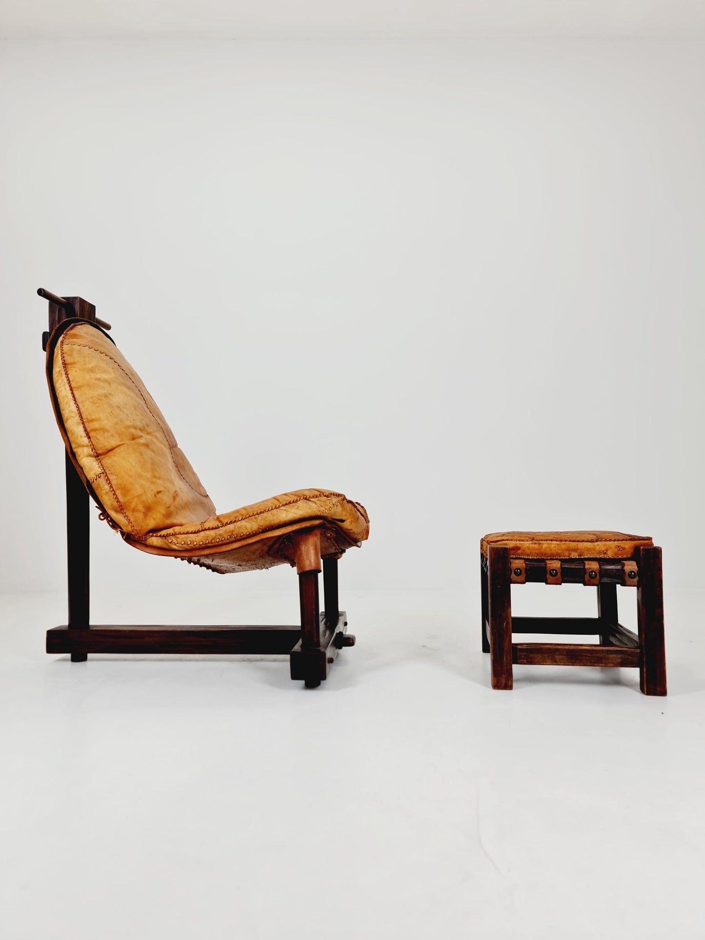 Brutalist Cognac Leather Brazilian Chair and Ottoman 1960s