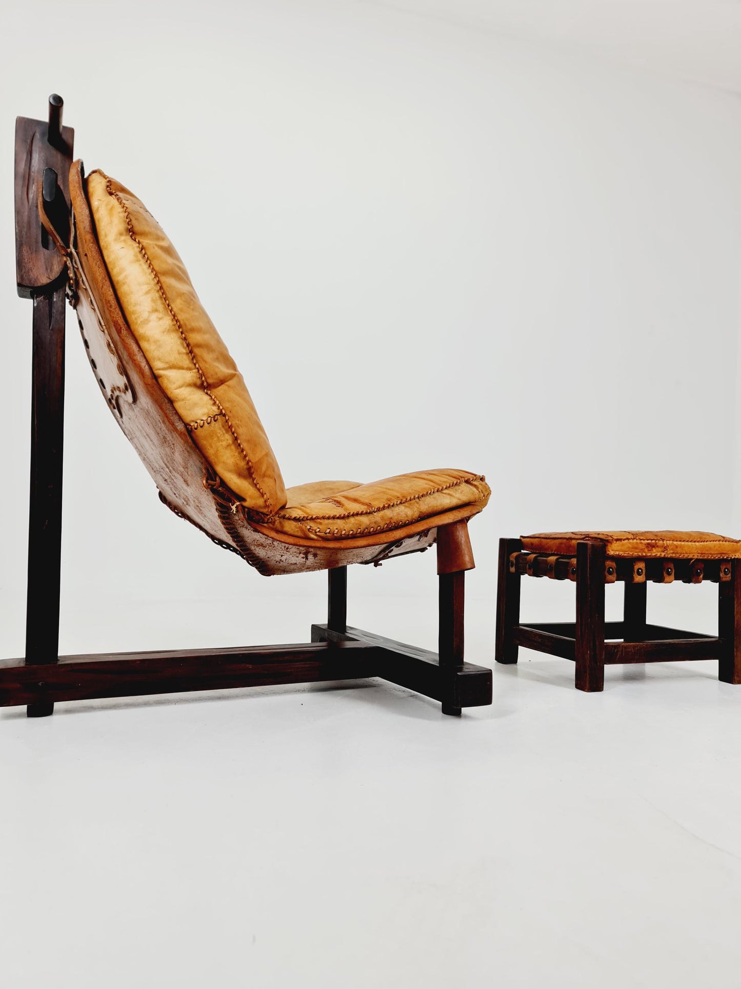 Brutalist Cognac Leather Brazilian Chair and Ottoman 1960s