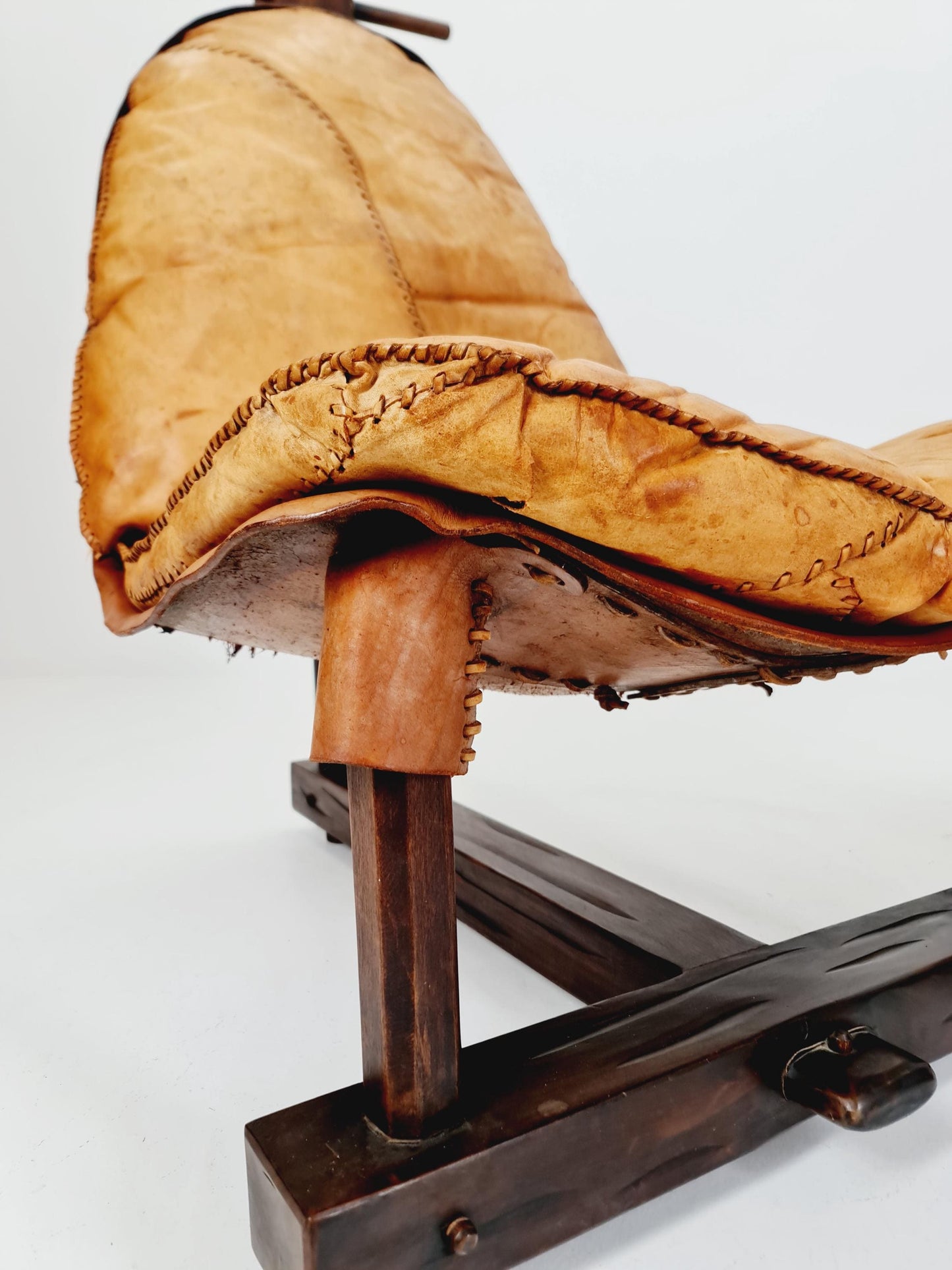 Brutalist Cognac Leather Brazilian Chair and Ottoman 1960s