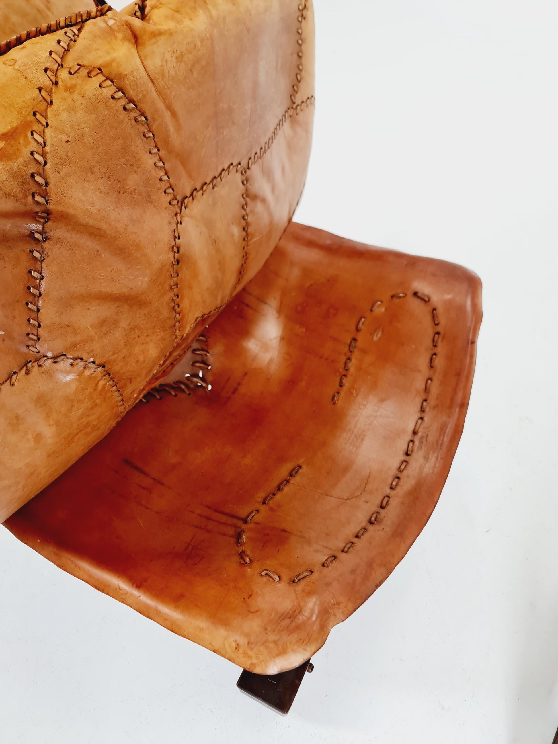 Brutalist Cognac Leather Brazilian Chair and Ottoman 1960s