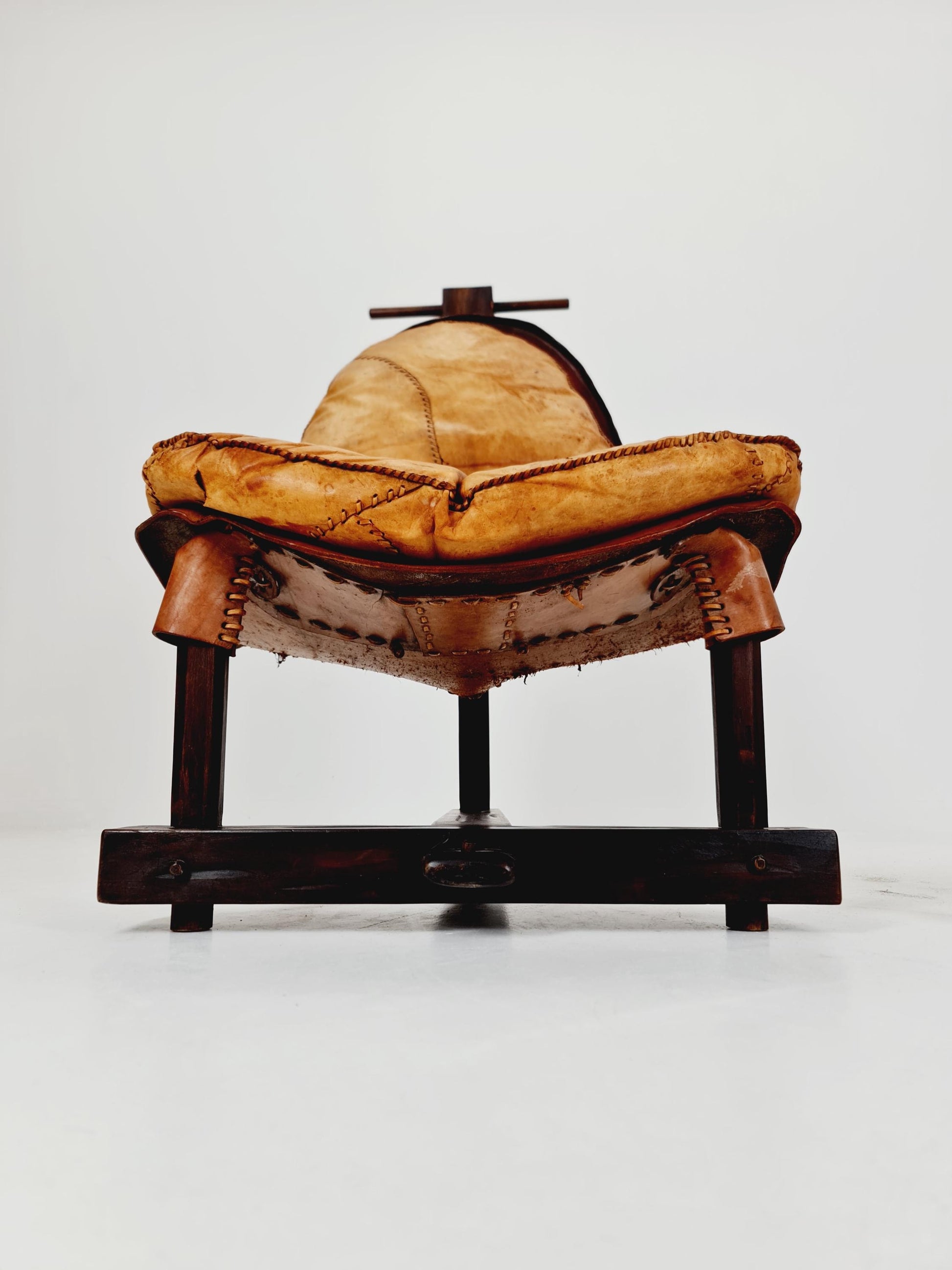 Brutalist Cognac Leather Brazilian Chair and Ottoman 1960s