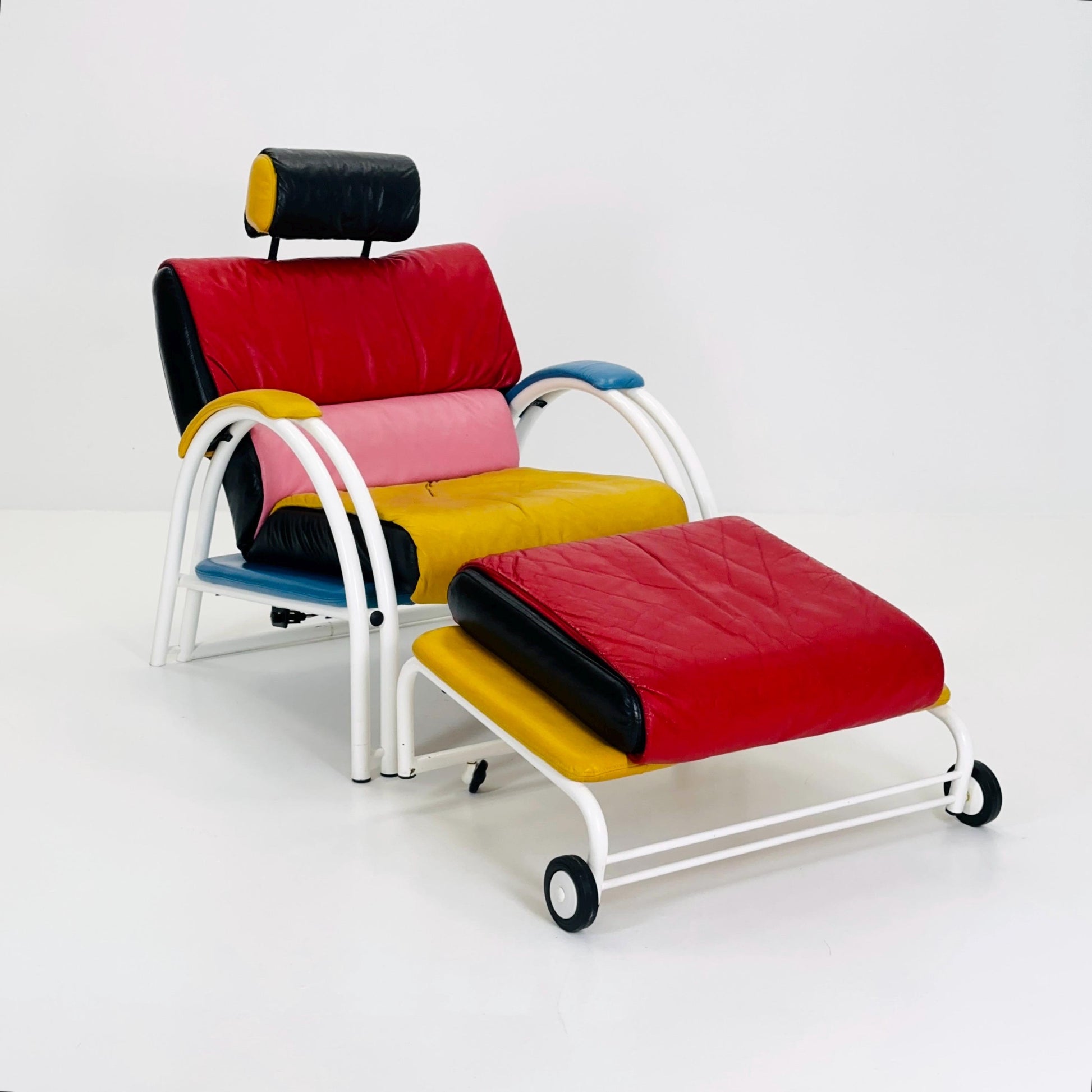 Mid Century Postmodern Memphis Style Leather Reclining Lounge Chair & Ottoman by Ettore Sottsass, Italy 1980s