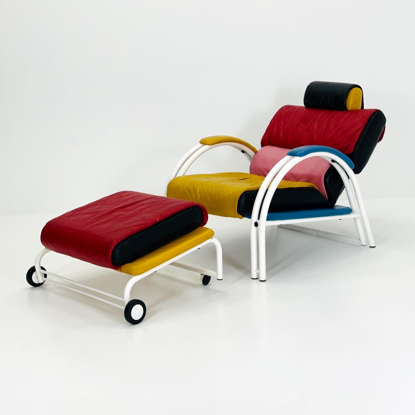 Mid Century Postmodern Memphis Style Leather Reclining Lounge Chair & Ottoman by Ettore Sottsass, Italy 1980s