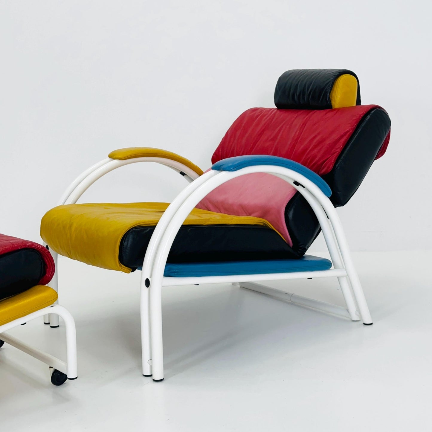 Mid Century Postmodern Memphis Style Leather Reclining Lounge Chair & Ottoman by Ettore Sottsass, Italy 1980s