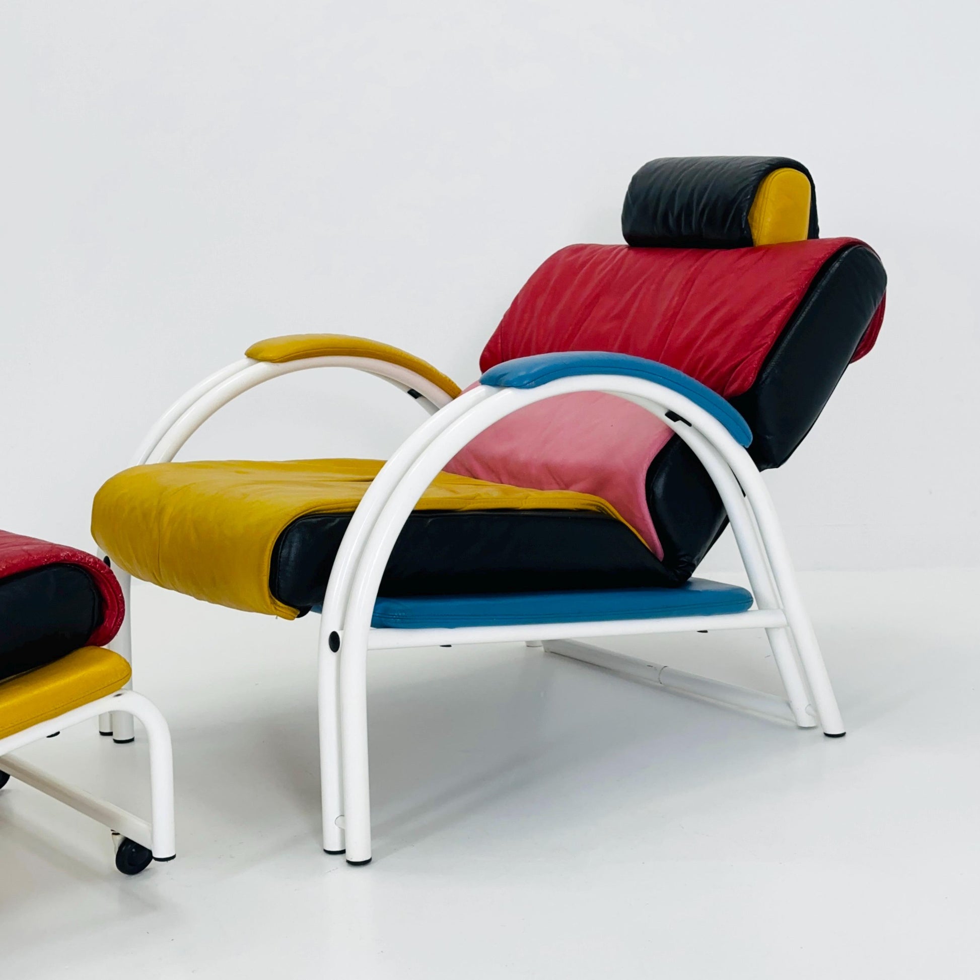 Mid Century Postmodern Memphis Style Leather Reclining Lounge Chair & Ottoman by Ettore Sottsass, Italy 1980s