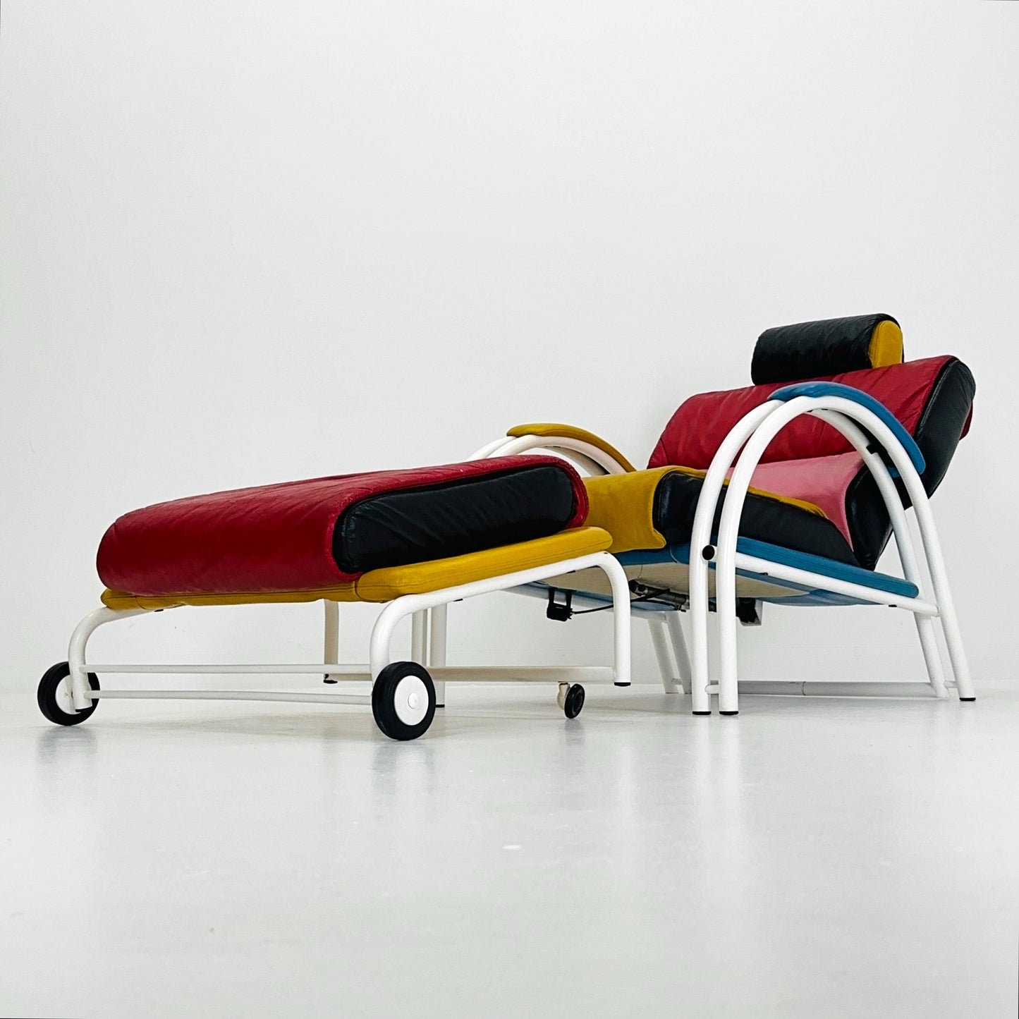 Mid Century Postmodern Memphis Style Leather Reclining Lounge Chair & Ottoman by Ettore Sottsass, Italy 1980s