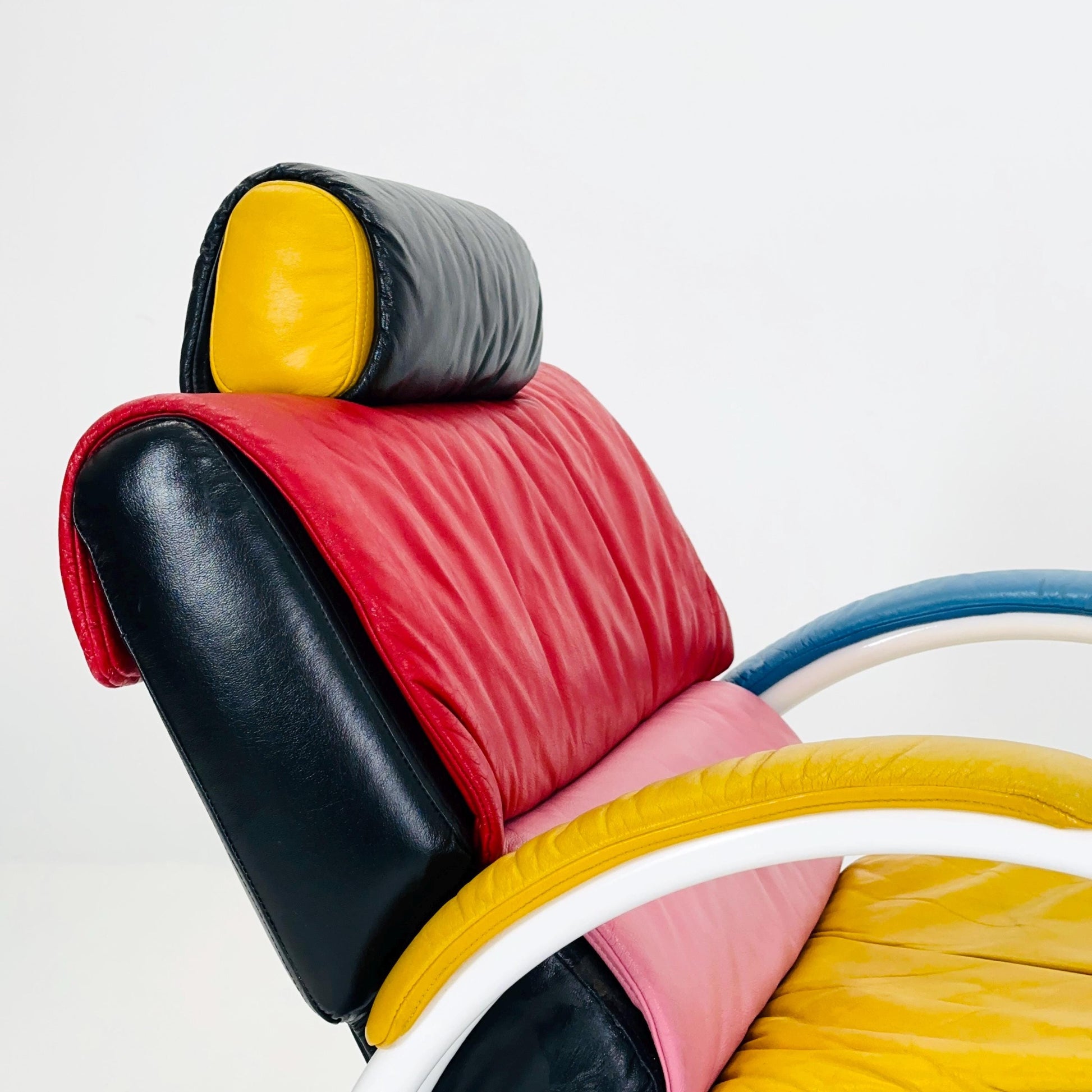 Mid Century Postmodern Memphis Style Leather Reclining Lounge Chair & Ottoman by Ettore Sottsass, Italy 1980s
