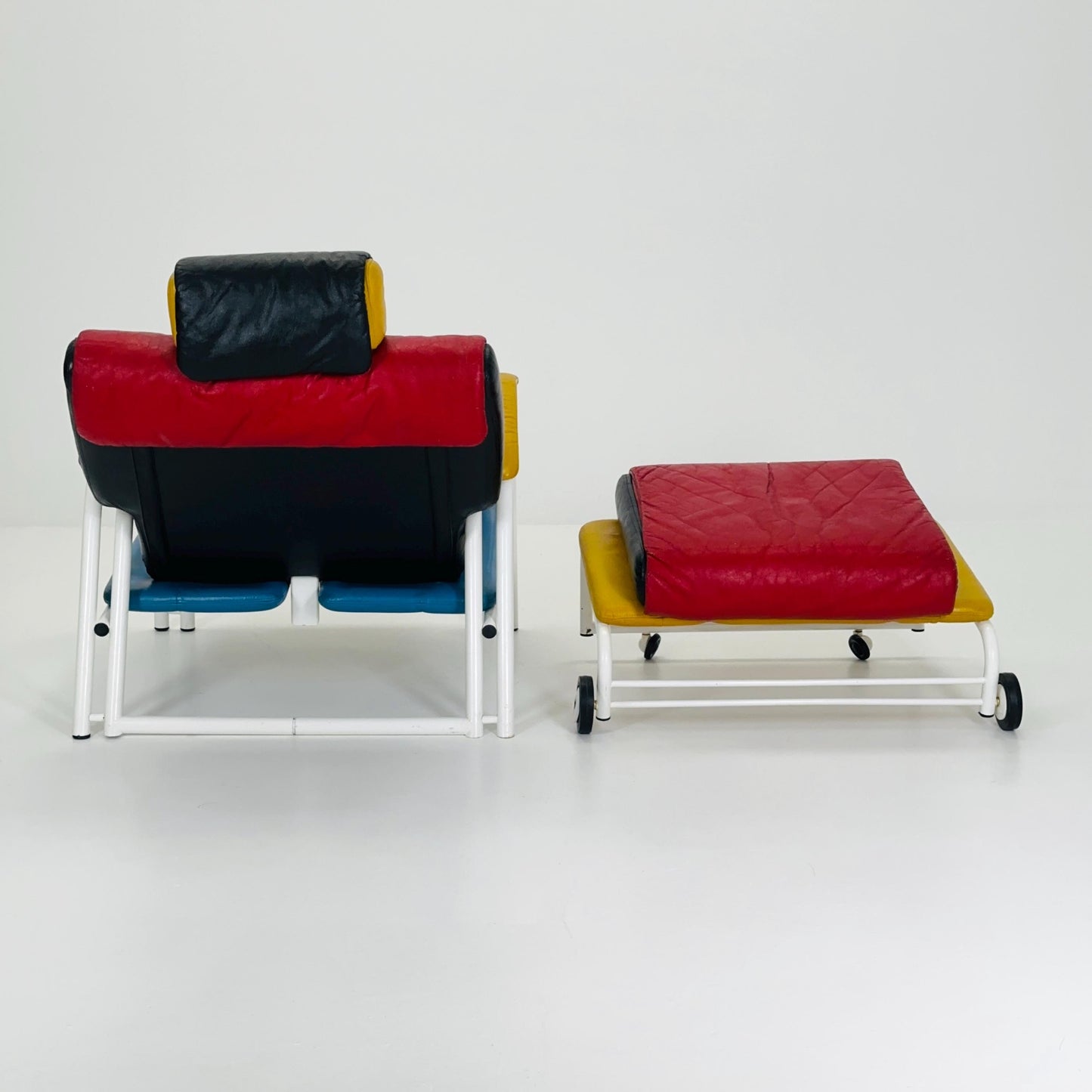 Mid Century Postmodern Memphis Style Leather Reclining Lounge Chair & Ottoman by Ettore Sottsass, Italy 1980s