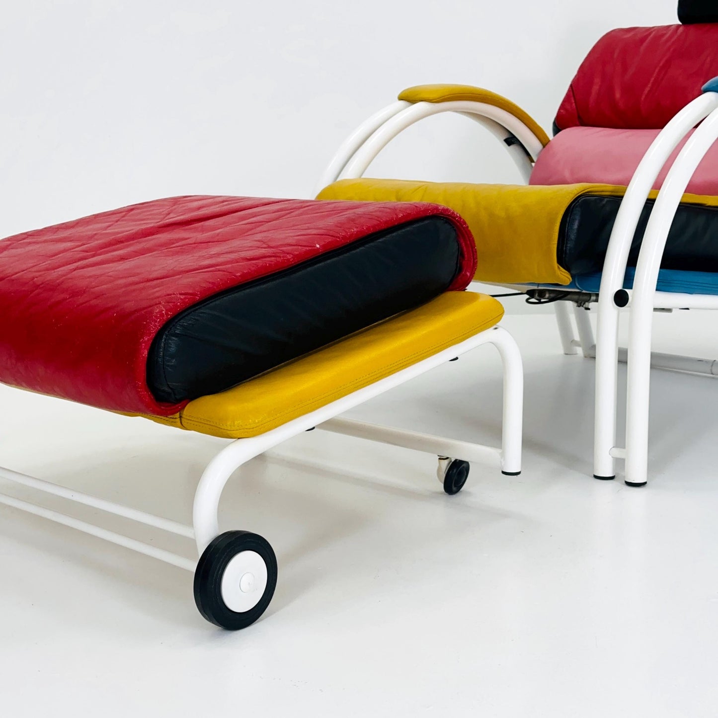 Mid Century Postmodern Memphis Style Leather Reclining Lounge Chair & Ottoman by Ettore Sottsass, Italy 1980s