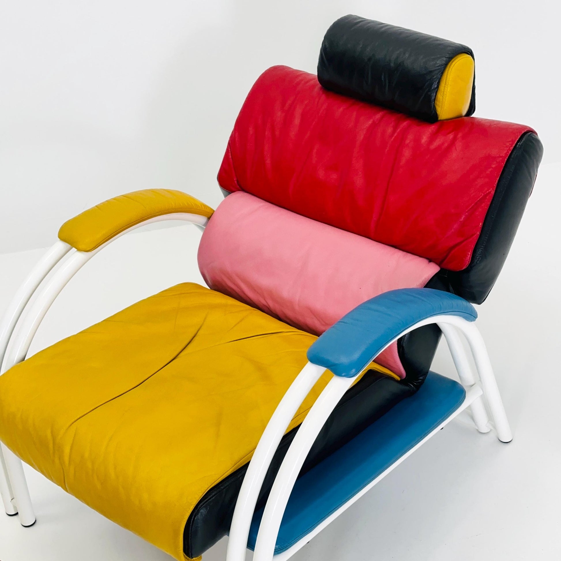 Mid Century Postmodern Memphis Style Leather Reclining Lounge Chair & Ottoman by Ettore Sottsass, Italy 1980s