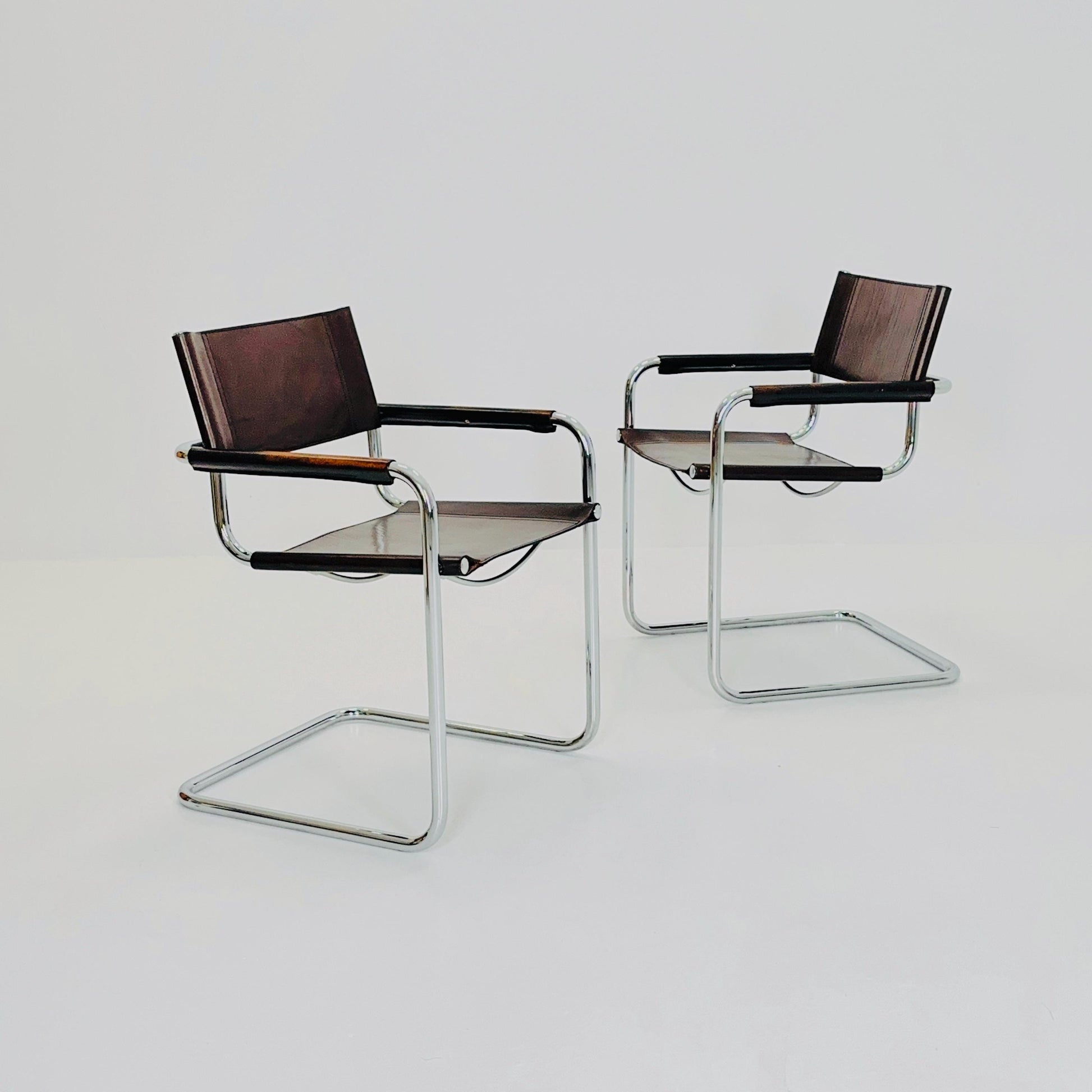set of 2 Mid century Bauhaus B34 brown leather cantilevered chairs by Mart Stam for Jox Interni italy 1980s