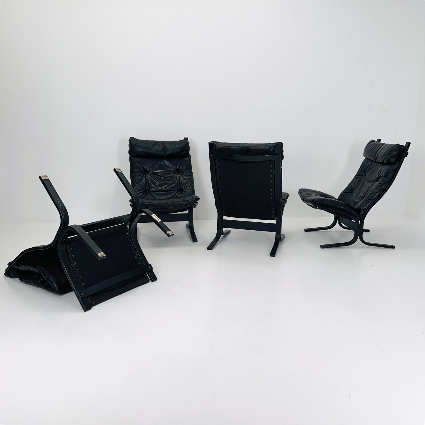 Set of 4 Mid Century “Siesta” lounge chair by Ingmar Relling, Westnofa Furniture, Norway — Full Black Edition, Leather & Wooden Frame, 1960s