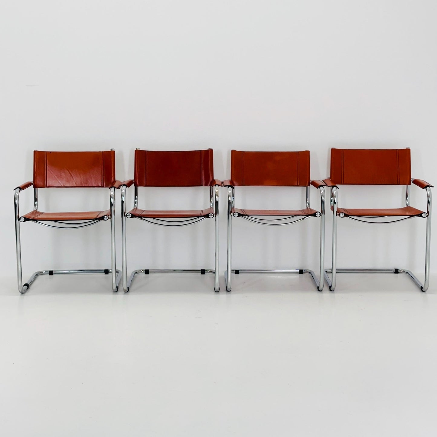 Set of 4 Mid century Model S34 Cognac Leather armchairs by Mart Stam & Marcel Breuer 1980s Italy
