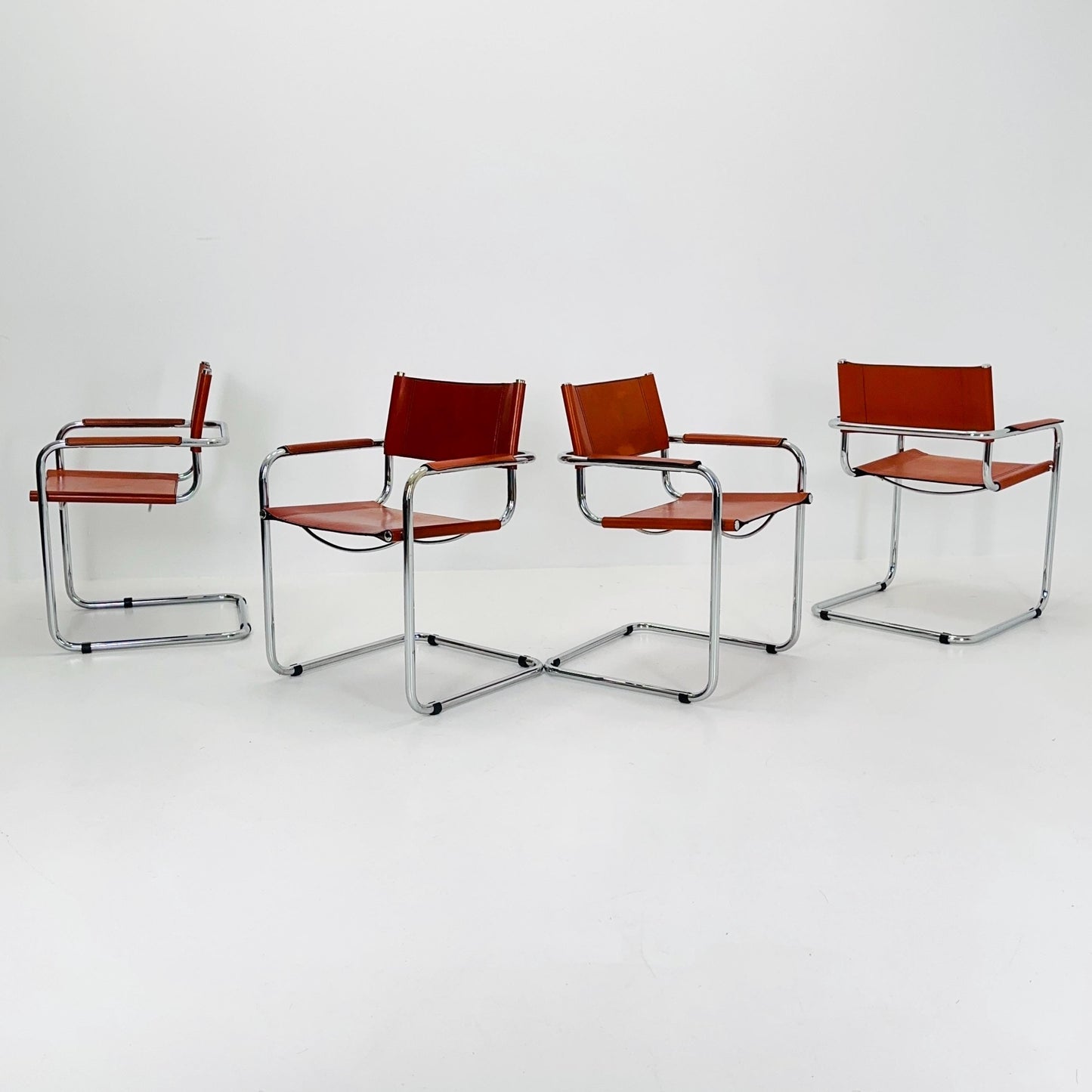 Set of 4 Mid century Model S34 Cognac Leather armchairs by Mart Stam & Marcel Breuer 1980s Italy