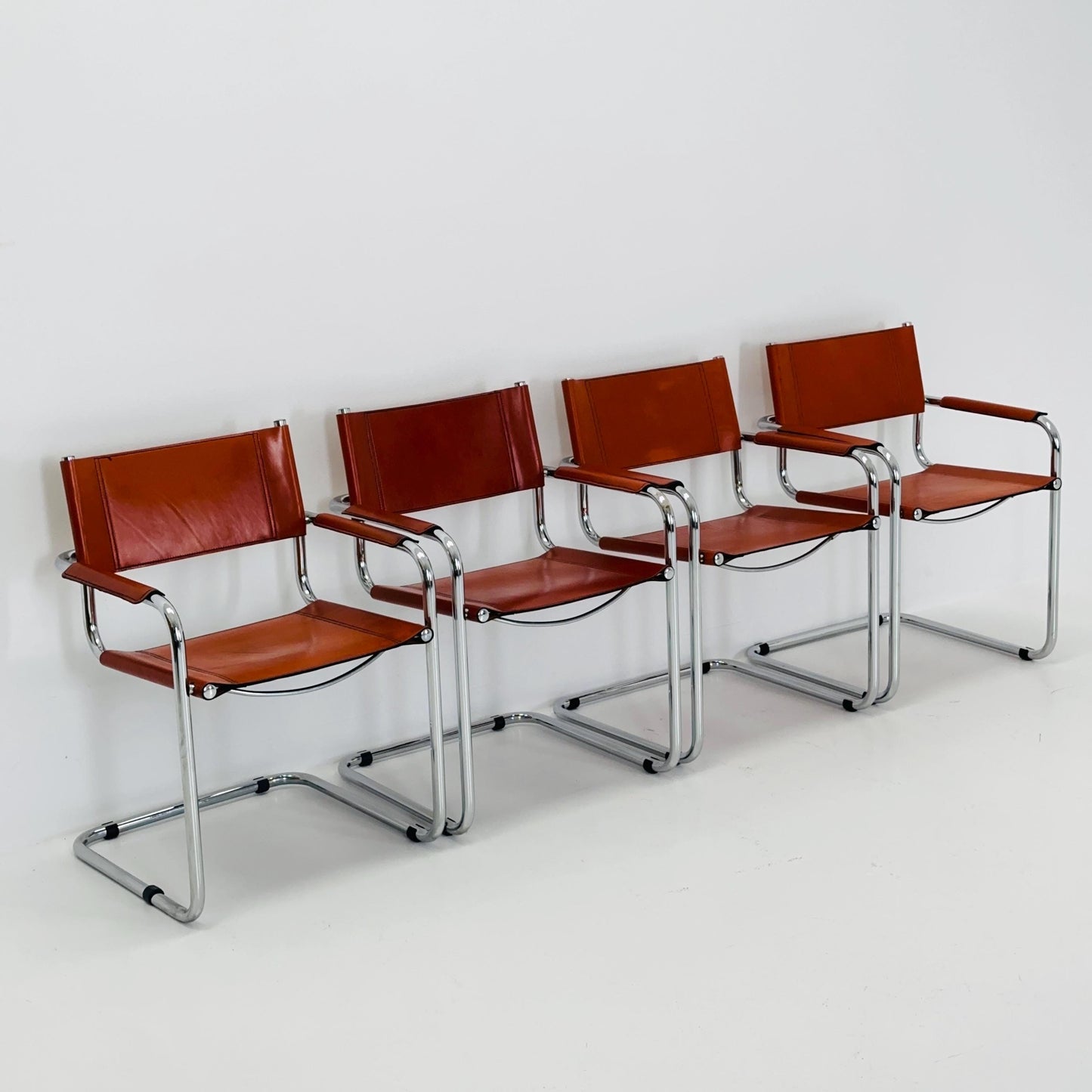 Set of 4 Mid century Model S34 Cognac Leather armchairs by Mart Stam & Marcel Breuer 1980s Italy