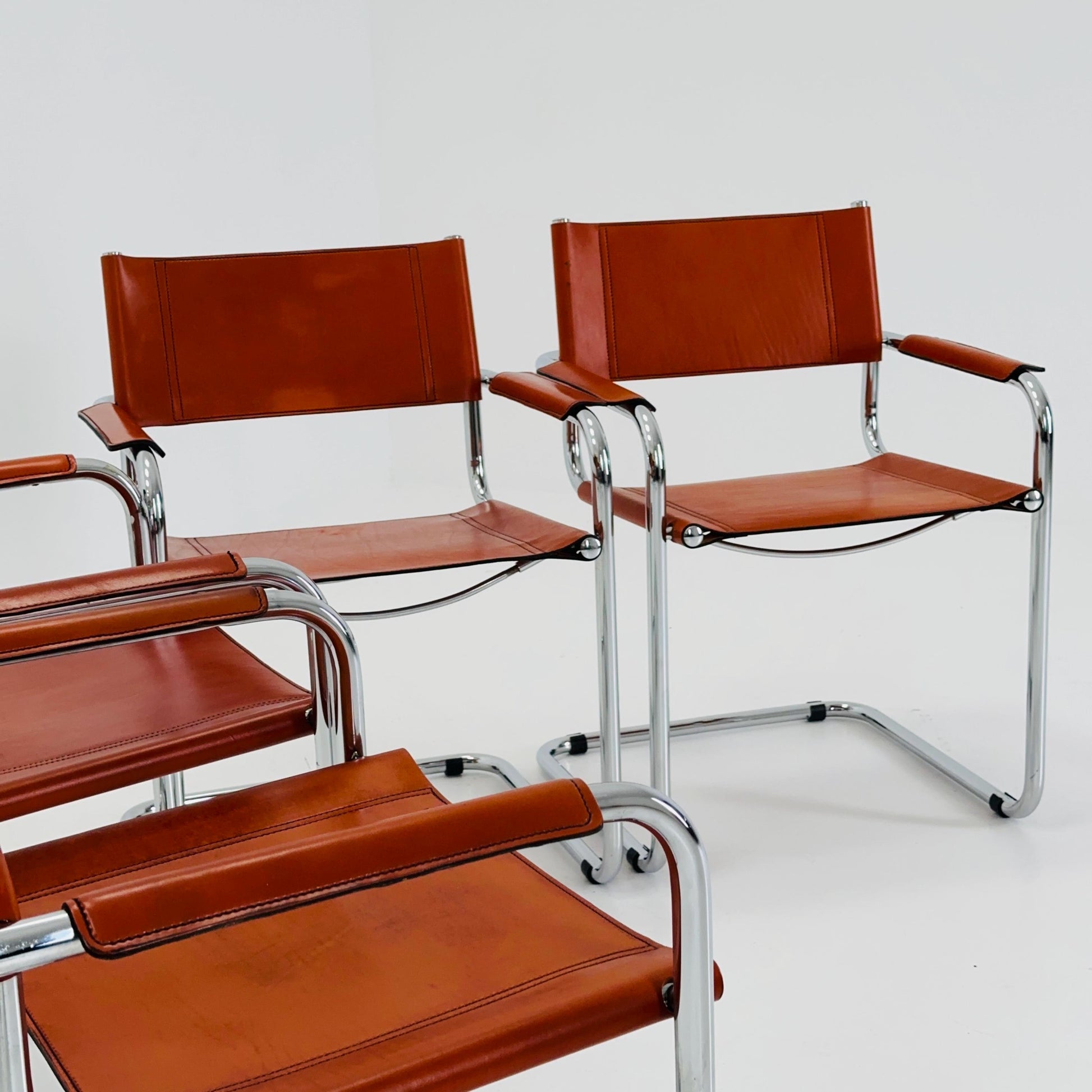 Set of 4 Mid century Model S34 Cognac Leather armchairs by Mart Stam & Marcel Breuer 1980s Italy