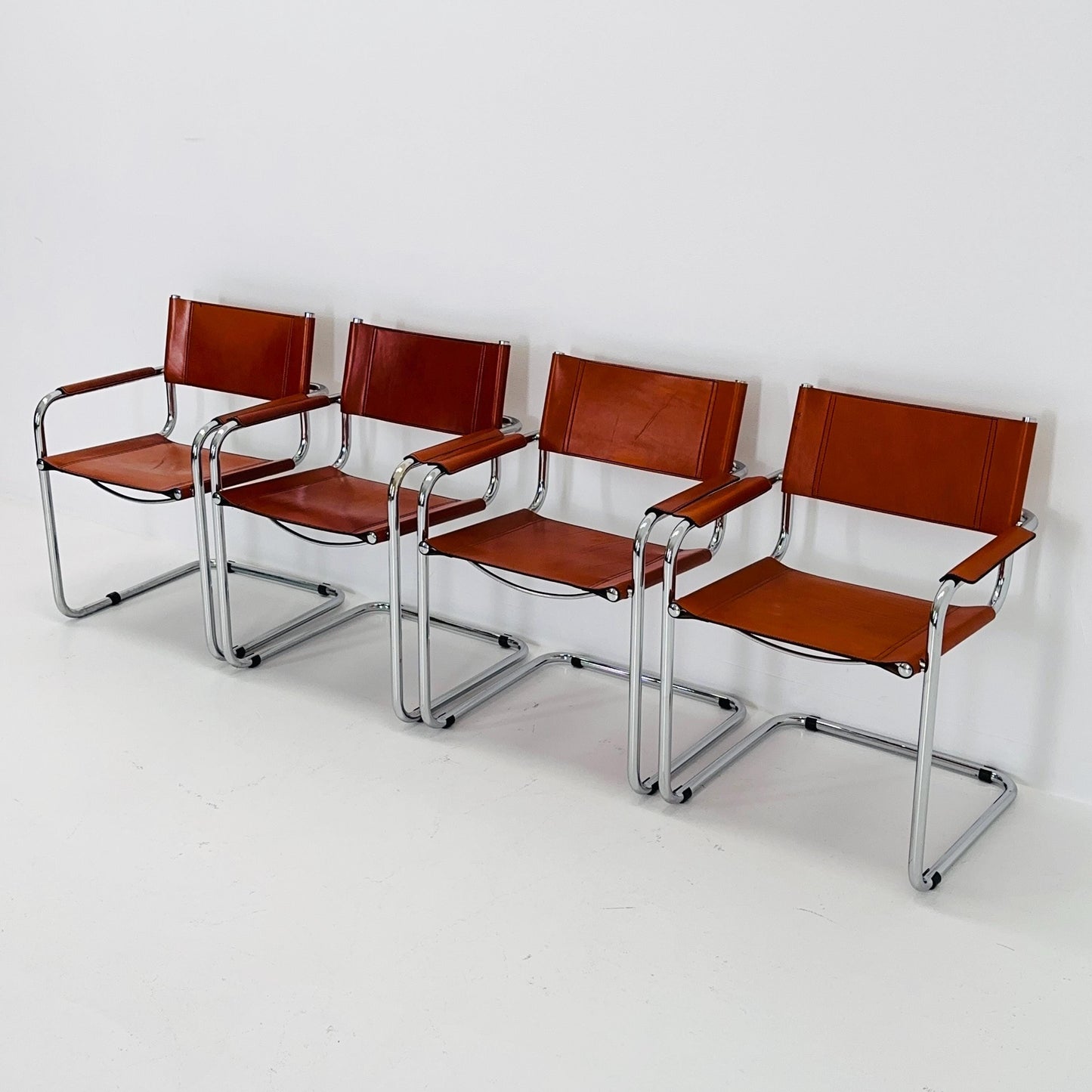 Set of 4 Mid century Model S34 Cognac Leather armchairs by Mart Stam & Marcel Breuer 1980s Italy