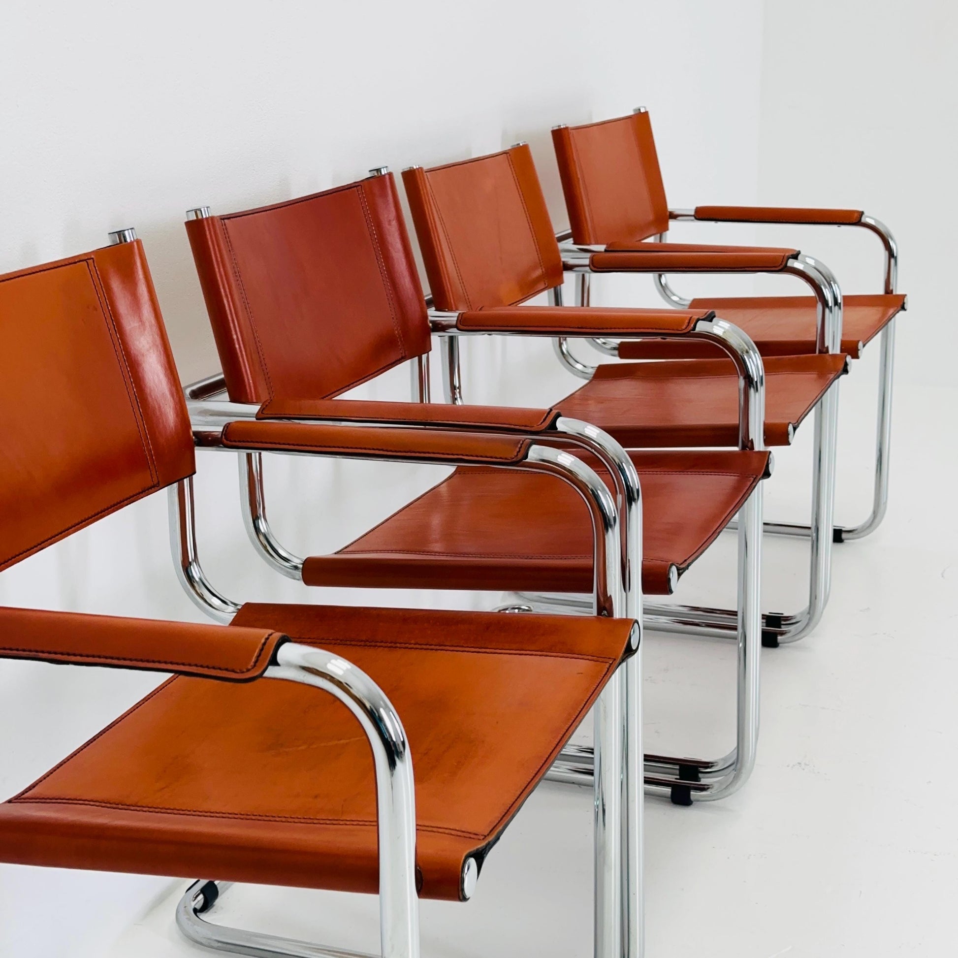 Set of 4 Mid century Model S34 Cognac Leather armchairs by Mart Stam & Marcel Breuer 1980s Italy